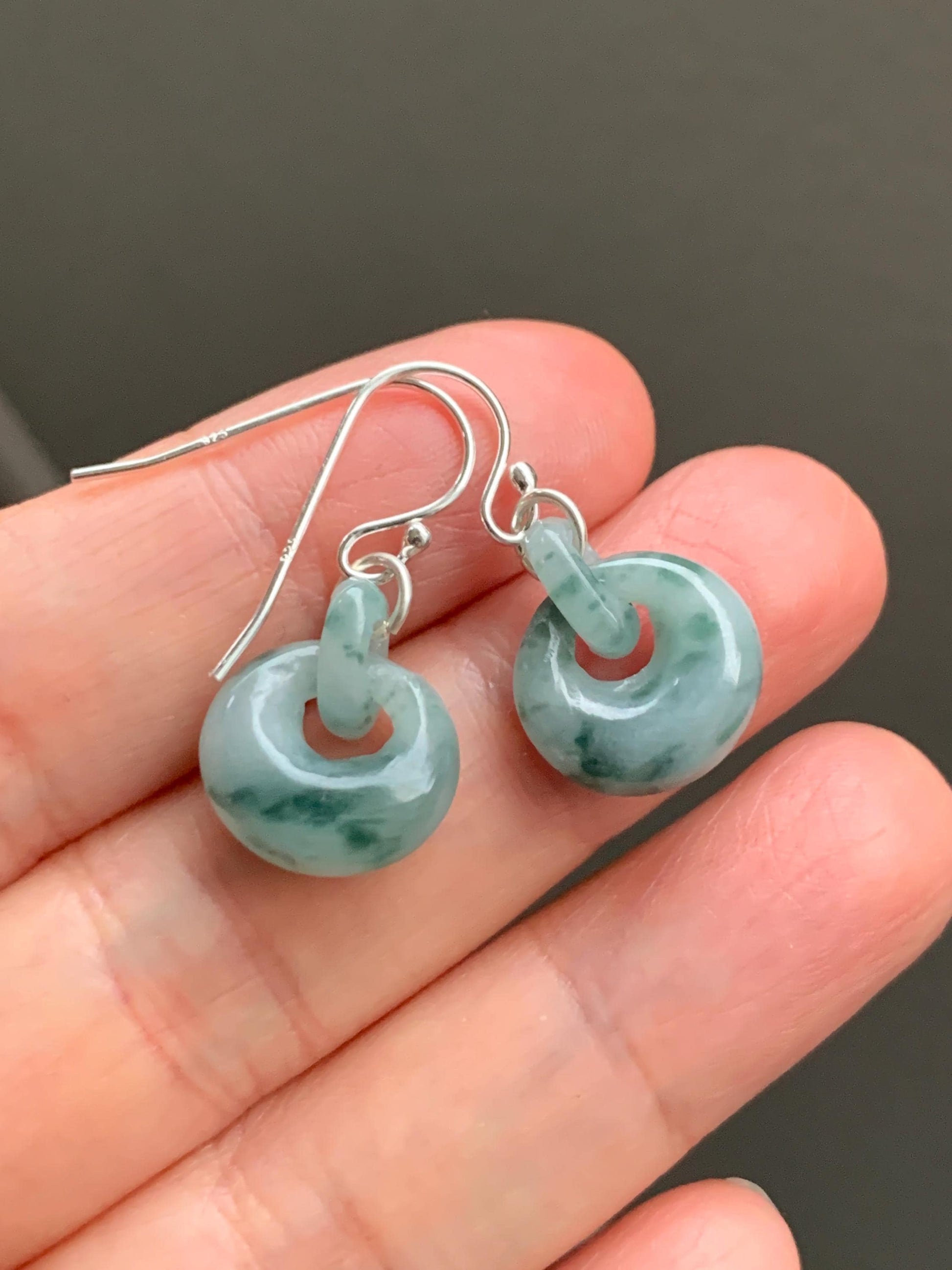 Natural Grade A Icy Translucent Teal Green Marbled Jadeite Locks w/ Interlocking Rings Dangle Earrings Sterling Silver 天然冰飘花翡翠锁包环环相扣银耳钩