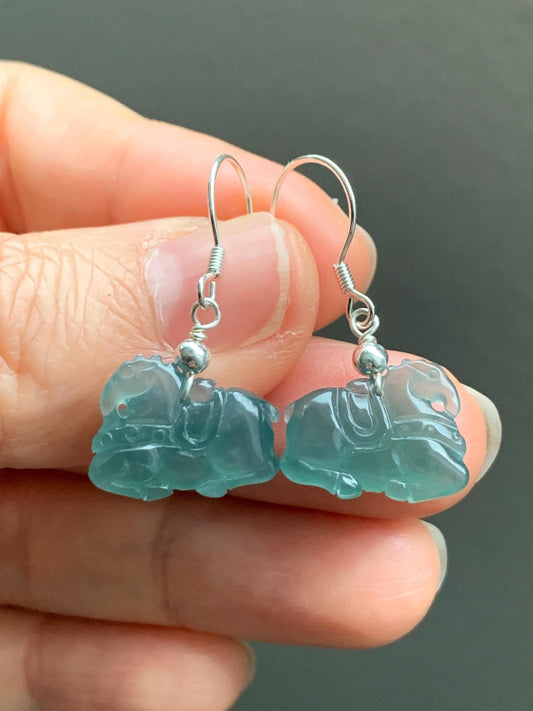 Natural Guatemalan Grade A Icy Highly Translucent Dark Teal Blue Jadeite Carved Tang Horse Dangle Earrings Sterling Silver 天然冰危蓝翡翠小唐马银耳钩