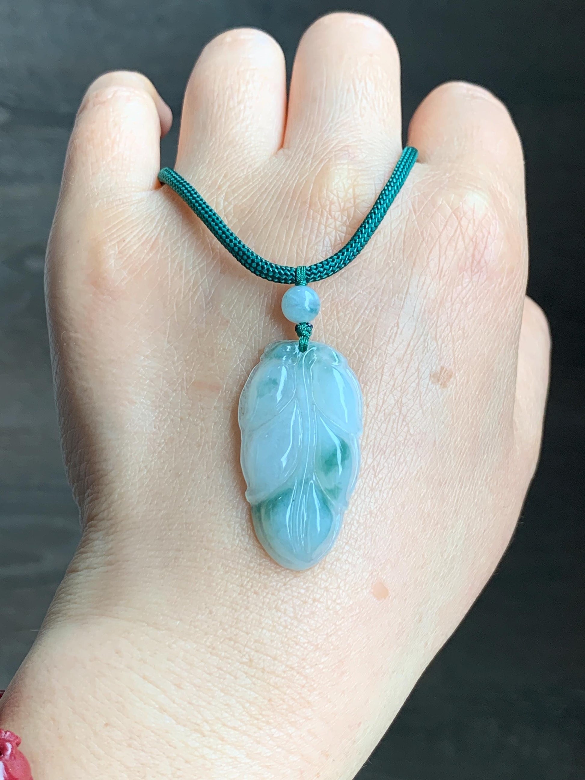 Natural Grade A Icy Translucent Gelatinous Green Marbled Jadeite Leaf Pendant Rope Necklace 25" Adjustable 8g 天然老种冰晴飘花翡翠大叶有成吊坠项链