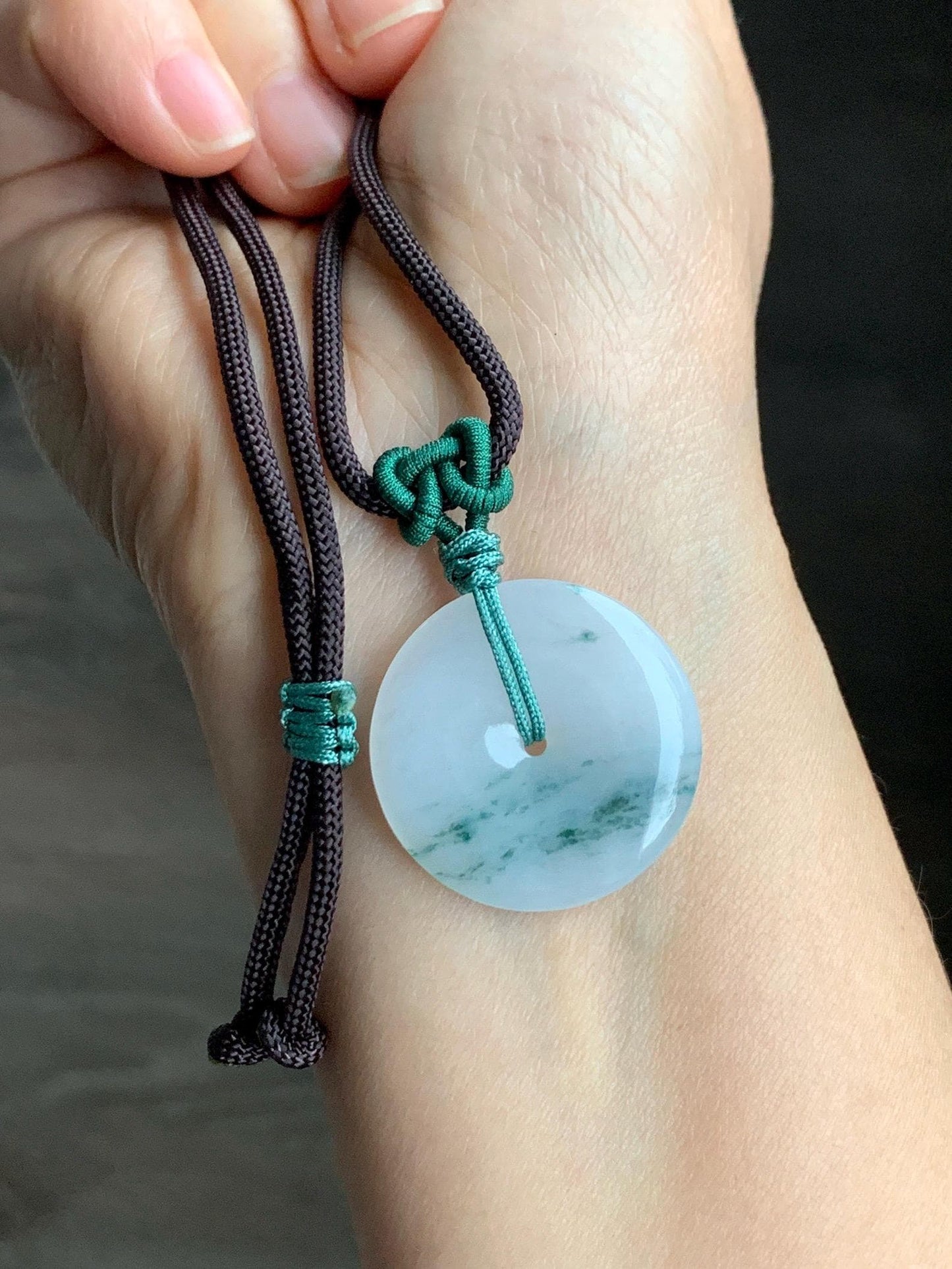 Certified Grade A Natural Icy Translucent Gelatinous White Green Marbled Jadeite Ping An Kou Donut Pendant Necklace 天然老种冰胶白飘花翡翠平安扣吊坠 7833