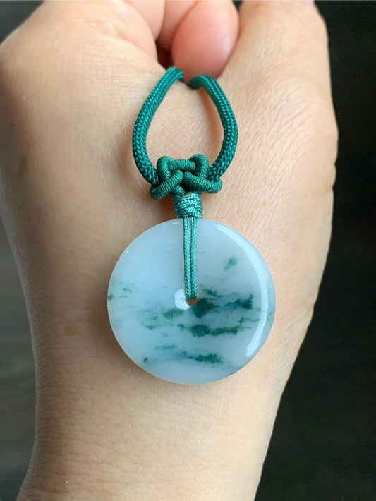Certified Grade A Natural Icy Translucent Gelatinous White Green Marbled Jadeite Ping An Kou Donut Pendant Necklace 天然老种冰胶白飘花翡翠平安扣吊坠 7834