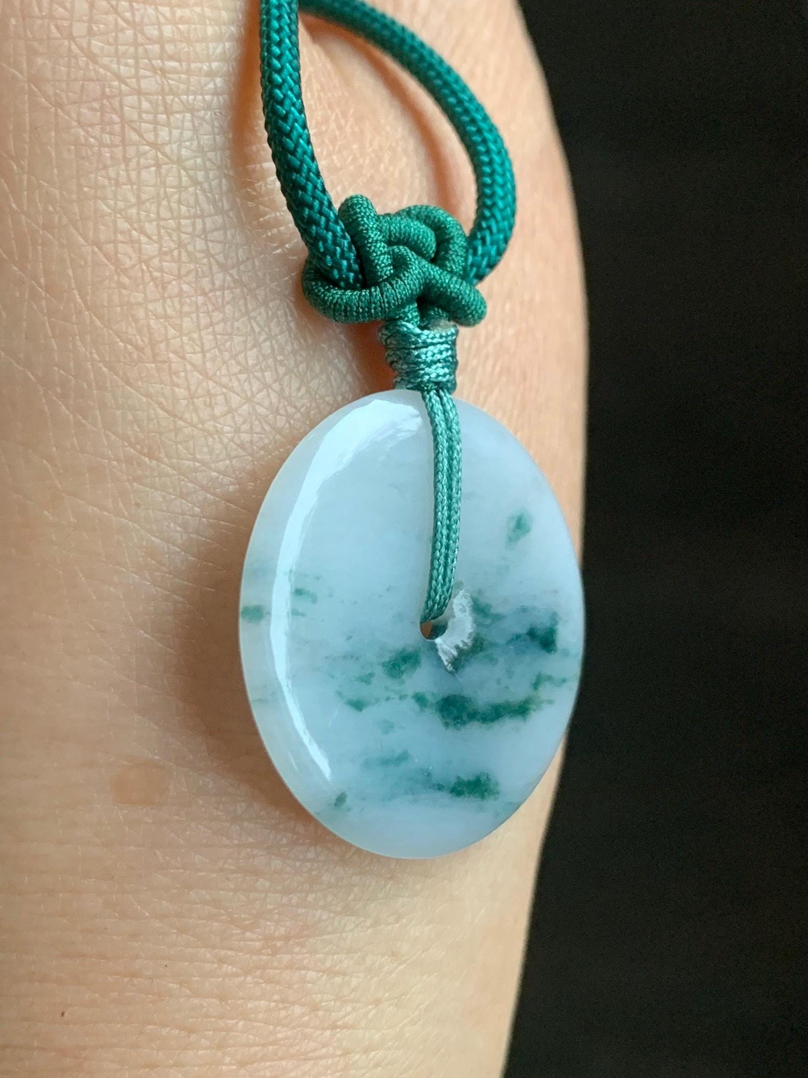Certified Grade A Natural Icy Translucent Gelatinous White Green Marbled Jadeite Ping An Kou Donut Pendant Necklace 天然老种冰胶白飘花翡翠平安扣吊坠 7834