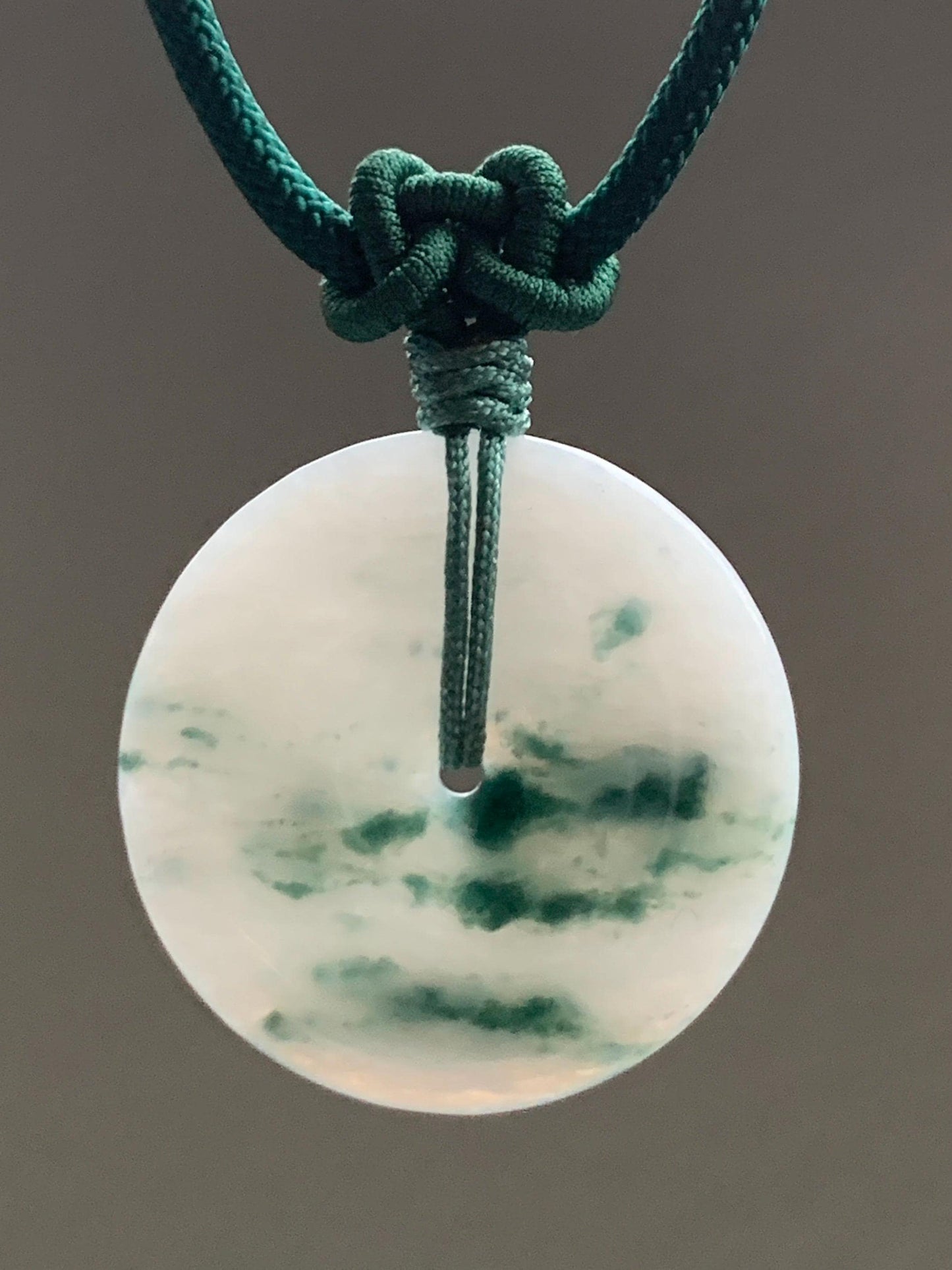 Certified Grade A Natural Icy Translucent Gelatinous White Green Marbled Jadeite Ping An Kou Donut Pendant Necklace 天然老种冰胶白飘花翡翠平安扣吊坠 7834