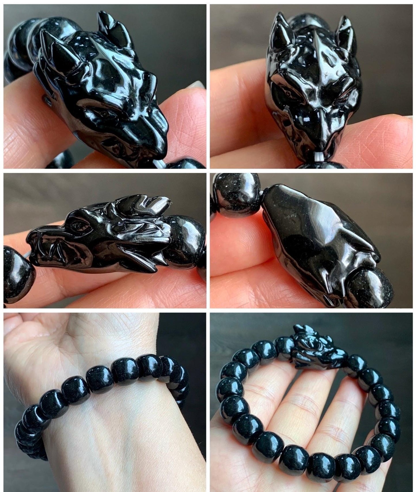 Natural Grade A Black Jadeite Carved Dragon Head & Jadeite Drum Beads Beaded Bracelet Stretchy 7.5" 50g 天然墨翠鼓珠龙头珠手串 JDL1227