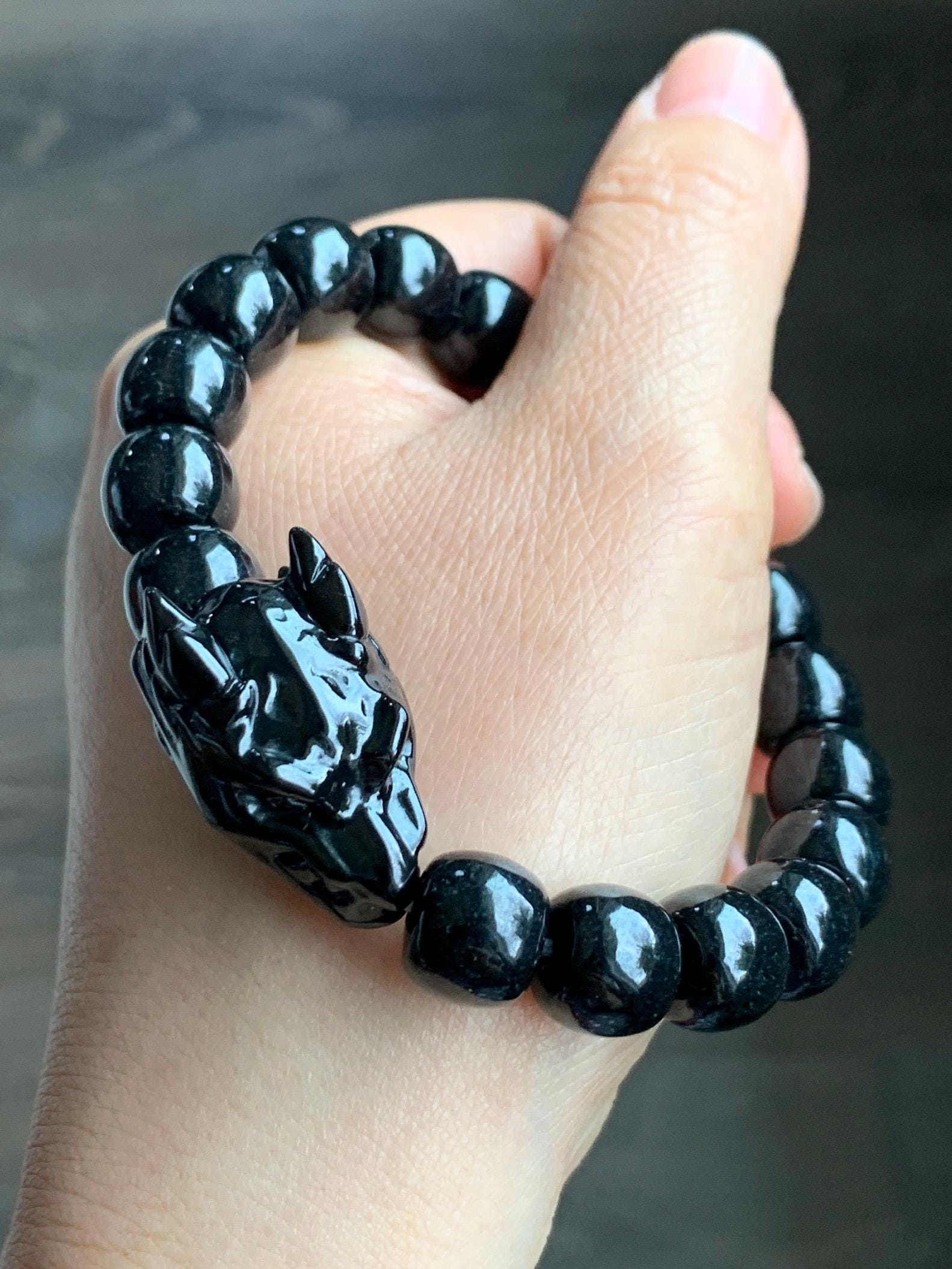 Natural Grade A Black Jadeite Carved Dragon Head & Jadeite Drum Beads Beaded Bracelet Stretchy 7.5" 50g 天然墨翠鼓珠龙头珠手串 JDL1227