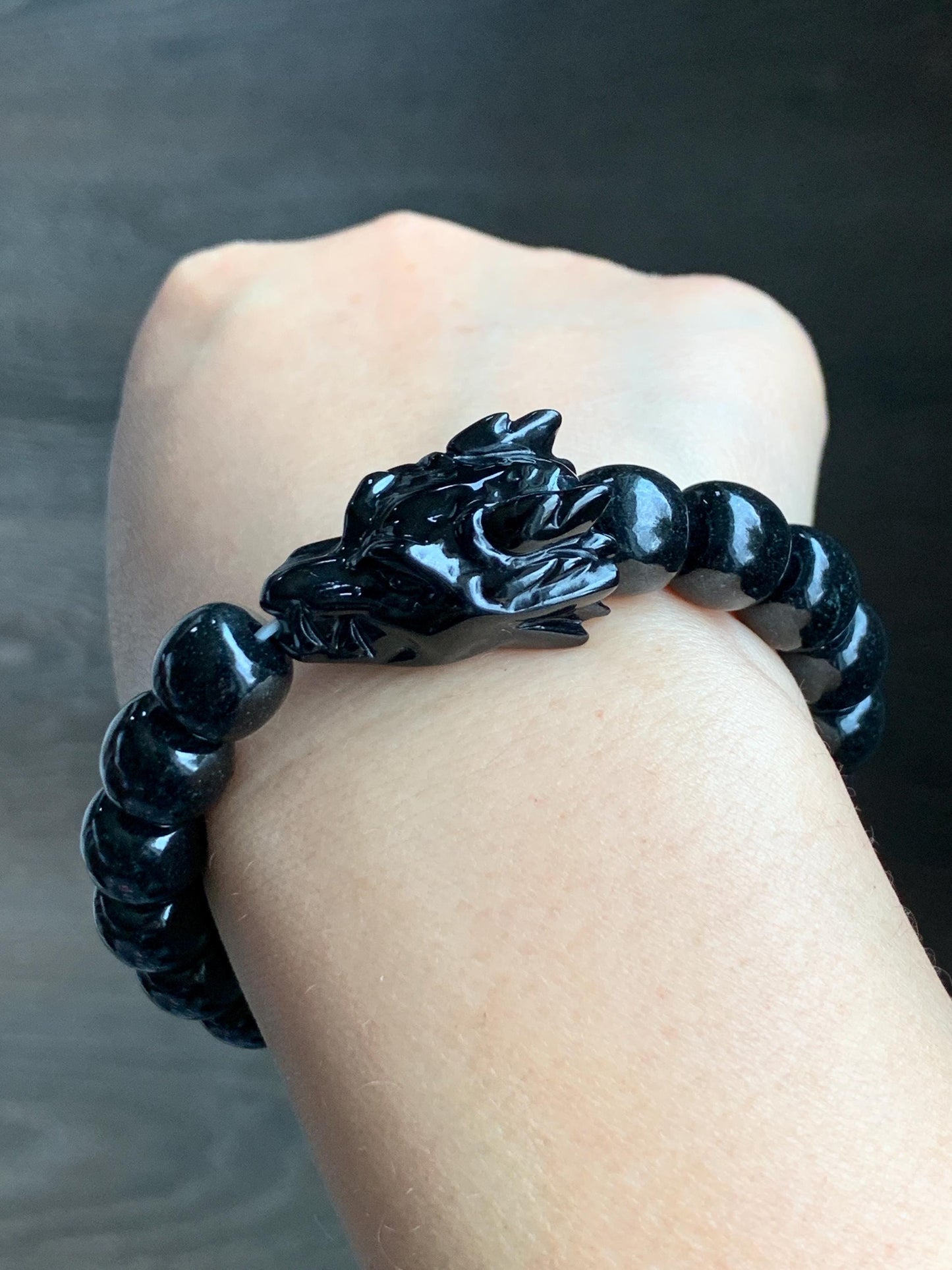 Natural Grade A Black Jadeite Carved Dragon Head & Jadeite Drum Beads Beaded Bracelet Stretchy 7.5" 50g 天然墨翠鼓珠龙头珠手串 JDL1227