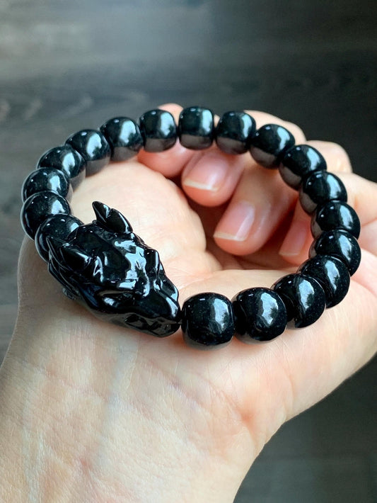 Natural Grade A Black Jadeite Carved Dragon Head & Jadeite Drum Beads Beaded Bracelet Stretchy 7.5" 50g 天然墨翠鼓珠龙头珠手串 JDL1227