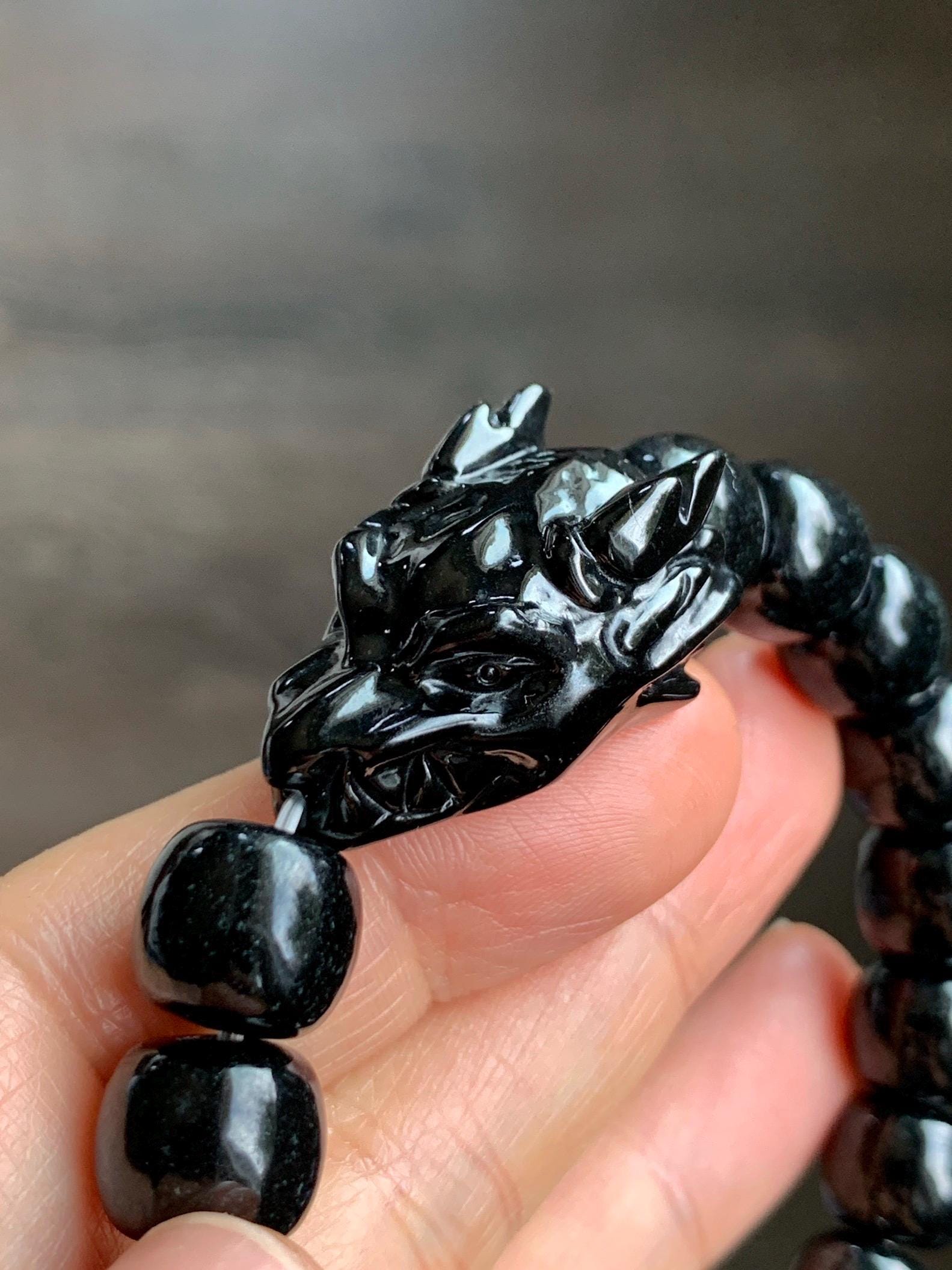 Natural Grade A Black Jadeite Carved Dragon Head & Jadeite Drum Beads Beaded Bracelet Stretchy 7.5" 50g 天然墨翠鼓珠龙头珠手串 JDL1227