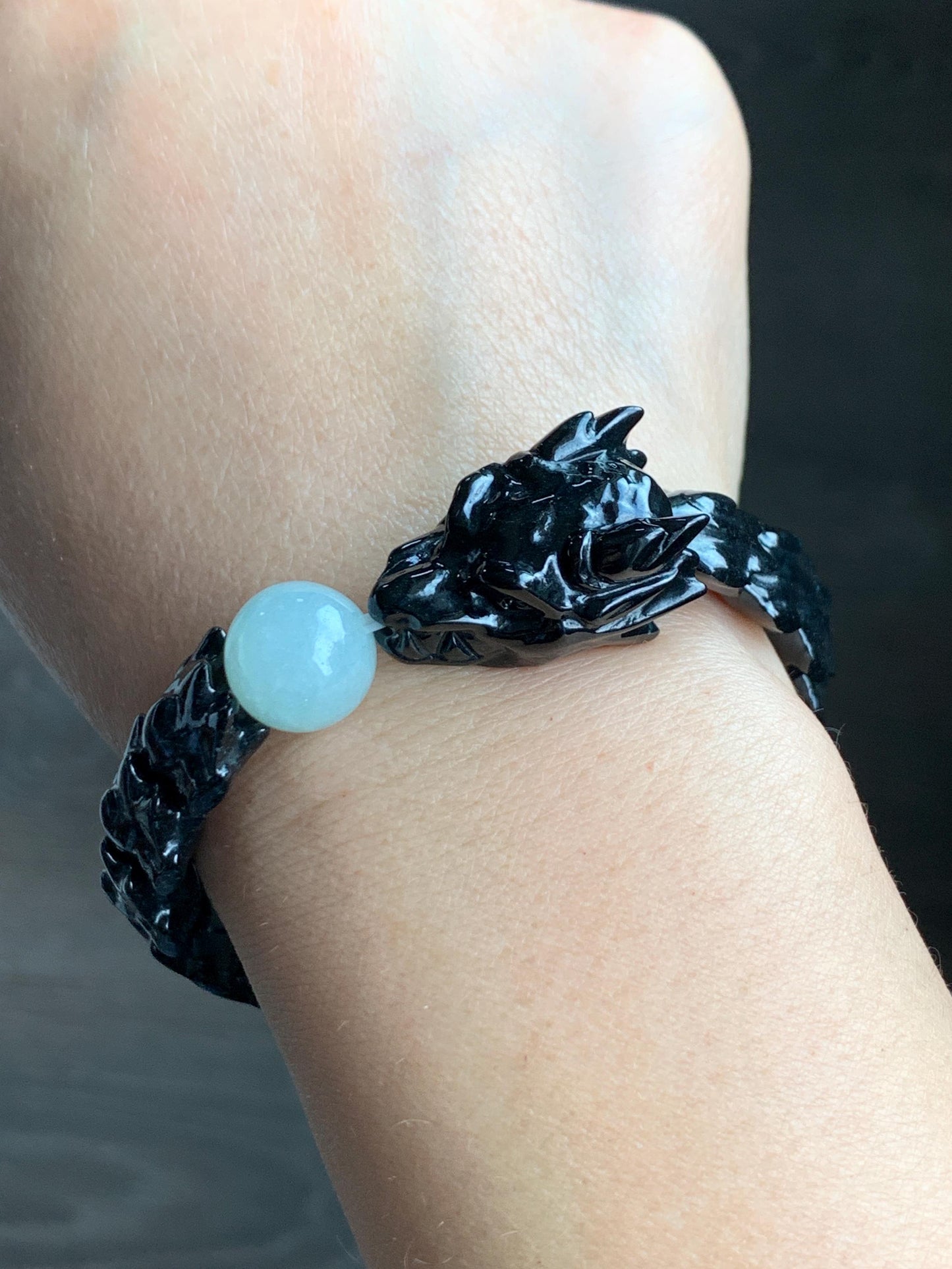 Natural Grade A Black Jadeite Carved Dragon Bone & Dragon Head Icy Translucent White Jadeite Bead Beaded Bracelet 7.5" 天然墨翠龙头龙骨冰翡翠珠手串 XSL121