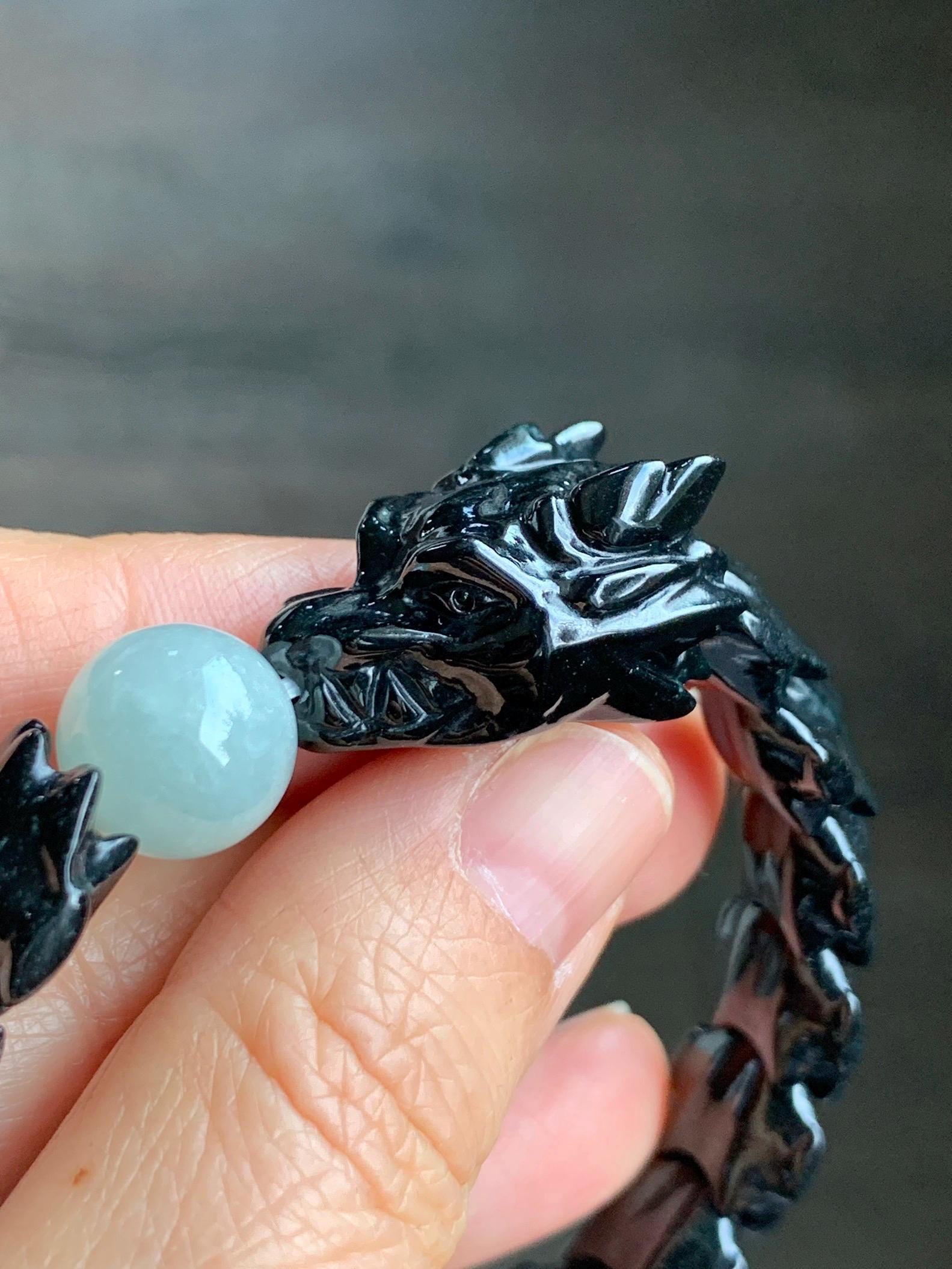 Natural Grade A Black Jadeite Carved Dragon Bone & Dragon Head Icy Translucent White Jadeite Bead Beaded Bracelet 7.5" 天然墨翠龙头龙骨冰翡翠珠手串 XSL121