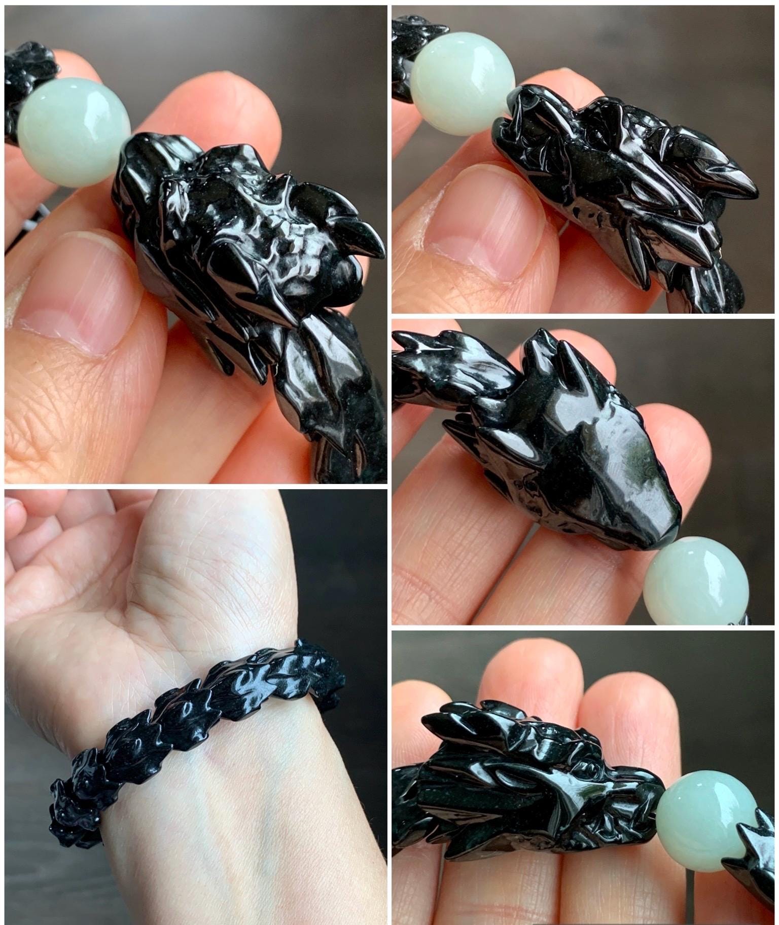 Natural Grade A Black Jadeite Carved Dragon Bone & Dragon Head Icy Translucent White Jadeite Bead Beaded Bracelet 7" 天然墨翠龙头龙骨冰翡翠珠手串 LSL1215