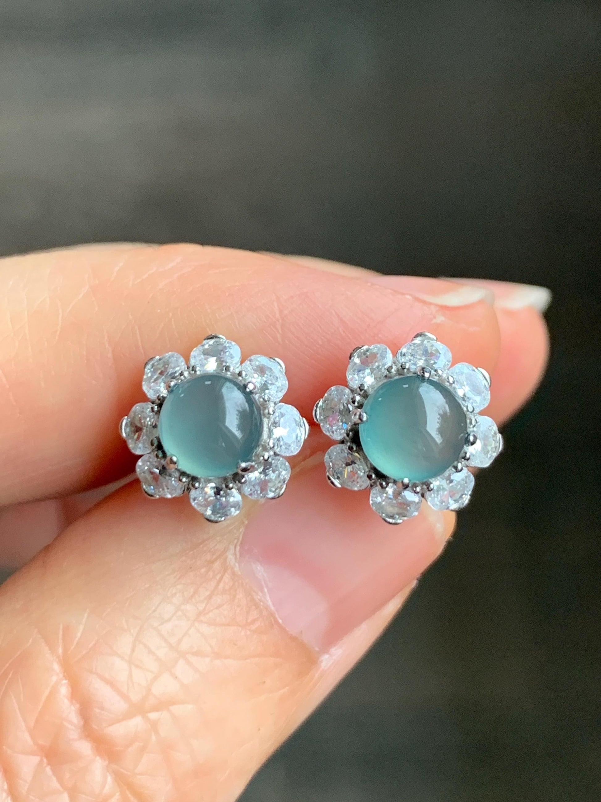 Natural Guatemalan Grade A Icy Highly Translucent Light Teal Green Jadeite Round Stud Earrings Sterling Silver 天然冰危淡蓝绿翡翠蛋面银镶耳钉 QLL88