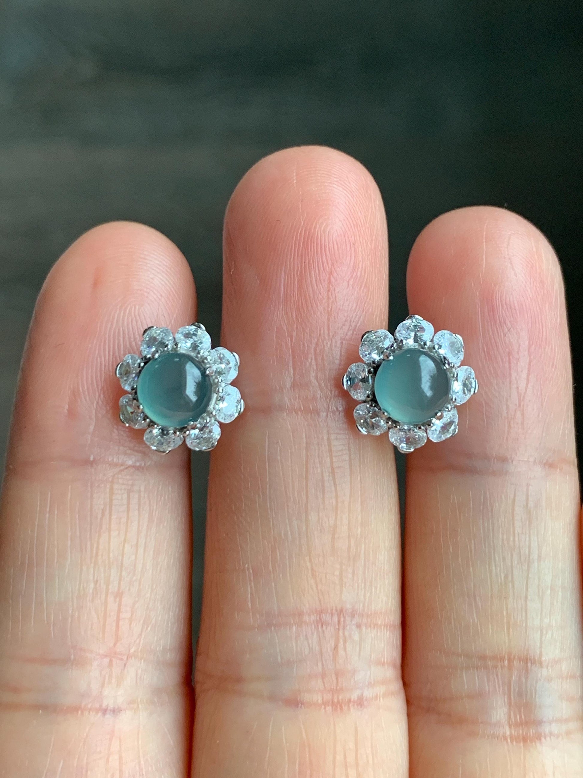 Natural Guatemalan Grade A Icy Highly Translucent Light Teal Green Jadeite Round Stud Earrings Sterling Silver 天然冰危淡蓝绿翡翠蛋面银镶耳钉 QLL88