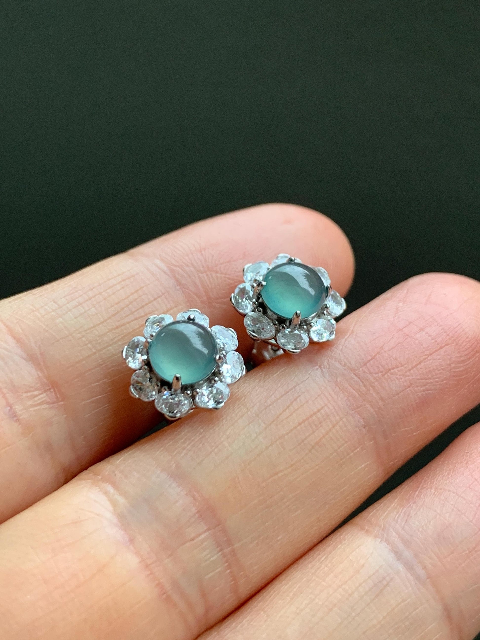 Natural Guatemalan Grade A Icy Highly Translucent Light Teal Green Jadeite Round Stud Earrings Sterling Silver 天然冰危淡蓝绿翡翠蛋面银镶耳钉 QLL88
