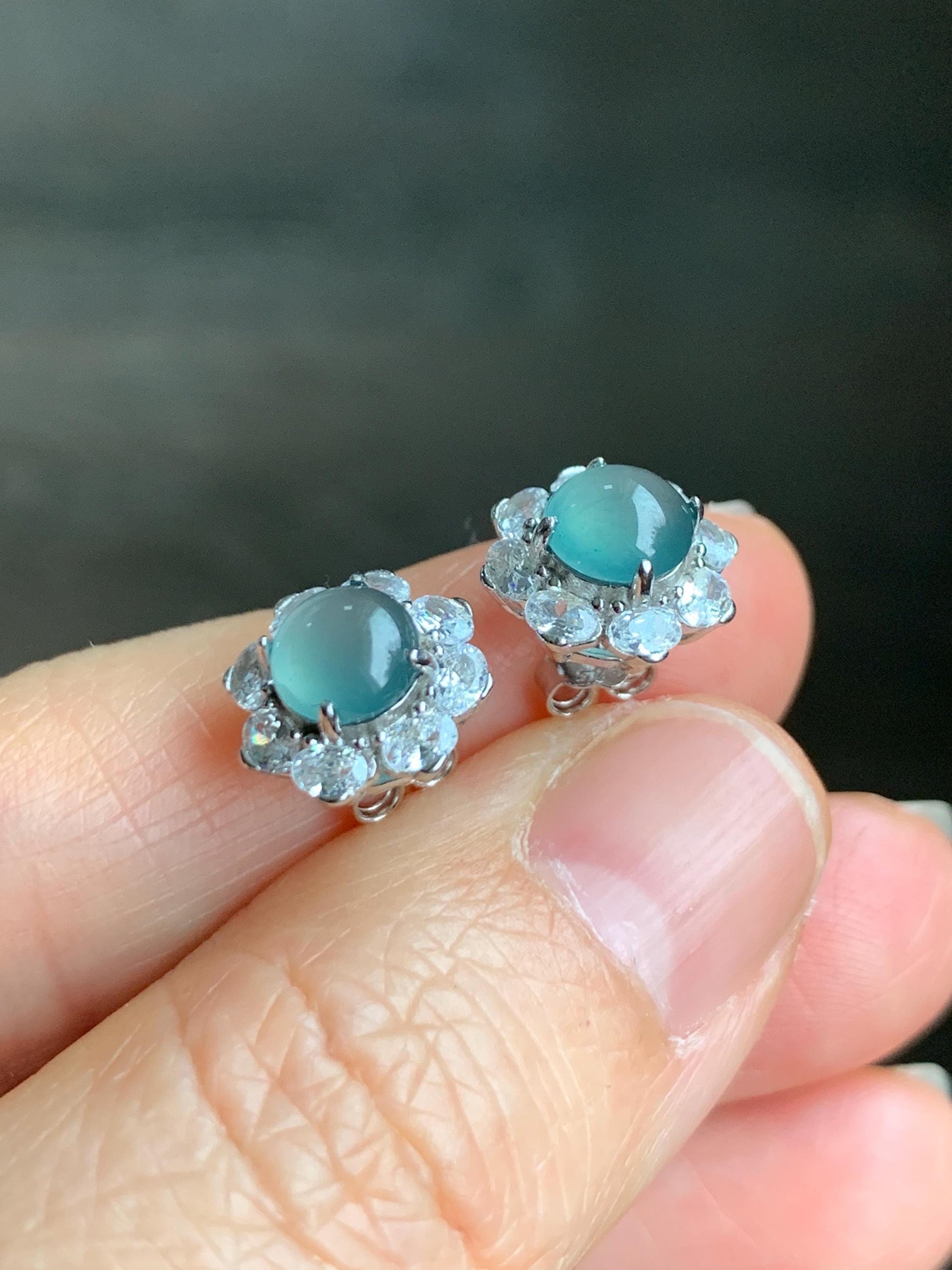 Natural Guatemalan Grade A Icy Highly Translucent Light Teal Green Jadeite Round Stud Earrings Sterling Silver 天然冰危淡蓝绿翡翠蛋面银镶耳钉 QLL88