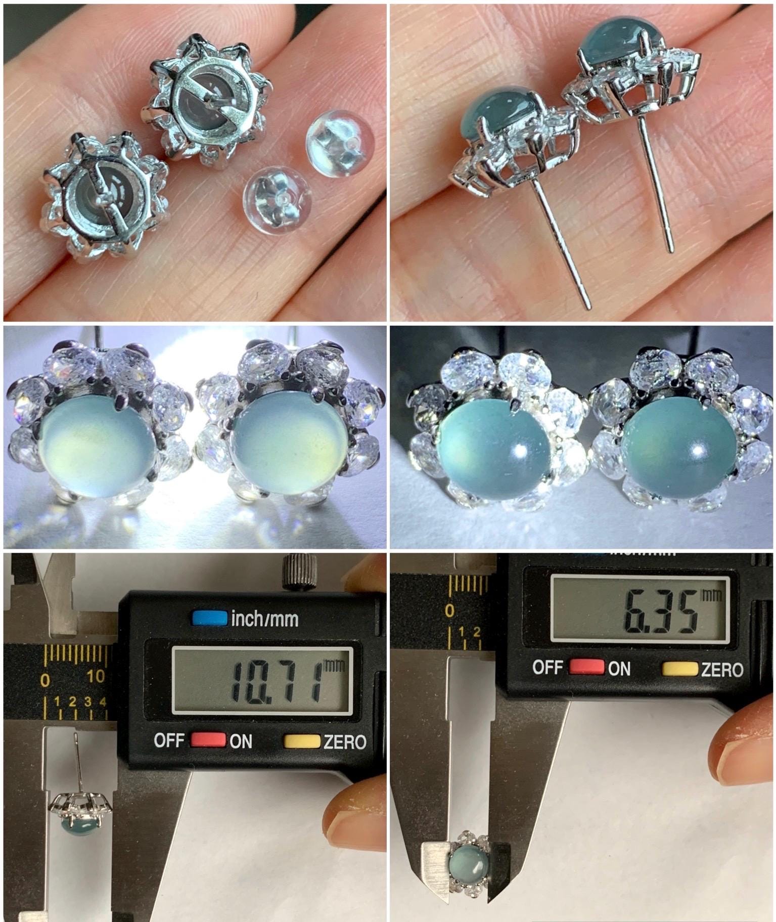Natural Guatemalan Grade A Icy Highly Translucent Light Teal Blue Jadeite Round Stud Earrings Sterling Silver 天然冰危淡蓝翡翠蛋面银镶耳钉 SLL100