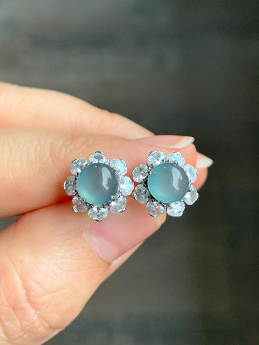 Natural Guatemalan Grade A Icy Highly Translucent Light Teal Blue Jadeite Round Stud Earrings Sterling Silver 天然冰危淡蓝翡翠蛋面银镶耳钉 SLL100
