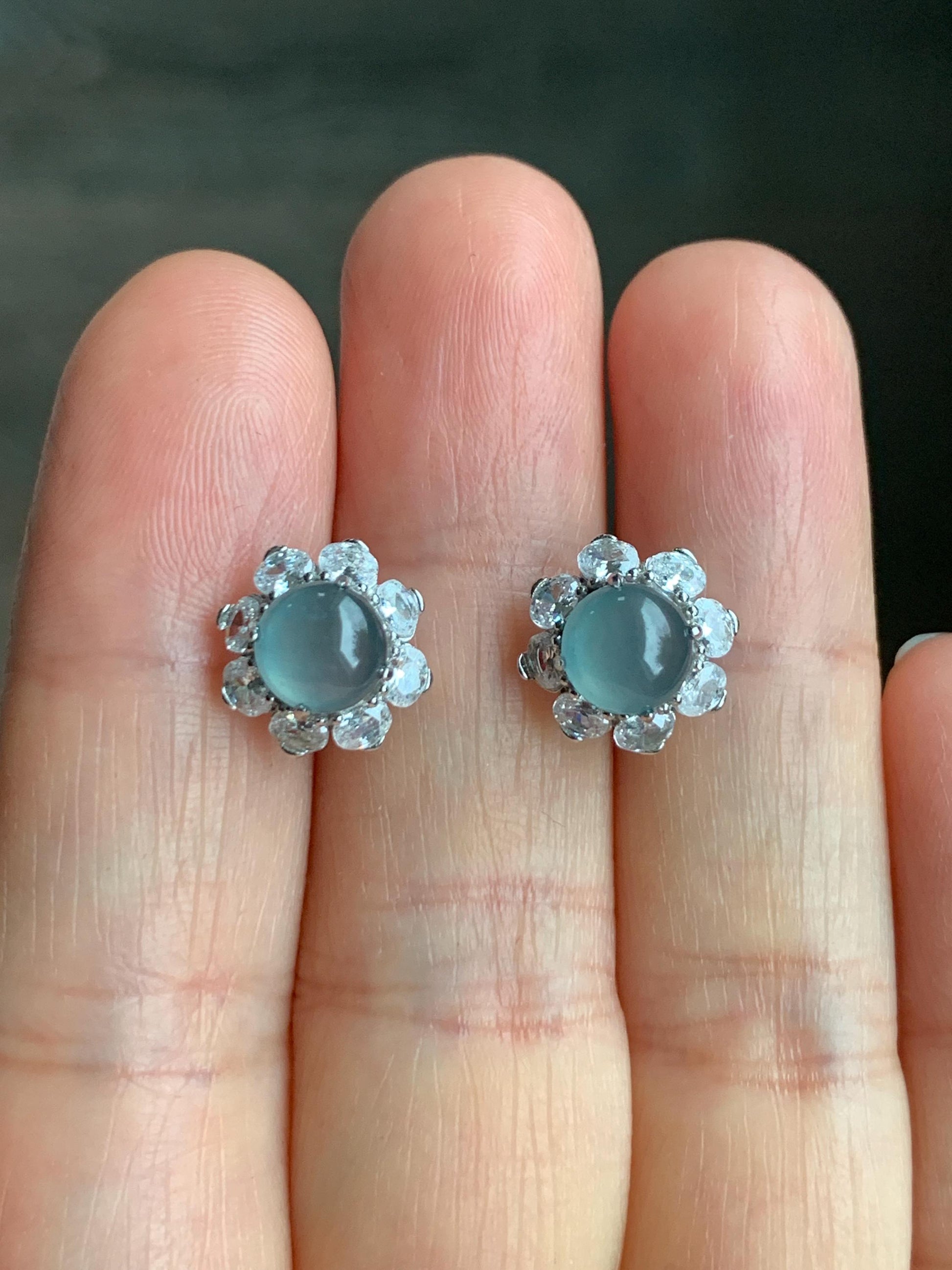 Natural Guatemalan Grade A Icy Highly Translucent Light Teal Blue Jadeite Round Stud Earrings Sterling Silver 天然冰危淡蓝翡翠蛋面银镶耳钉 SLL100