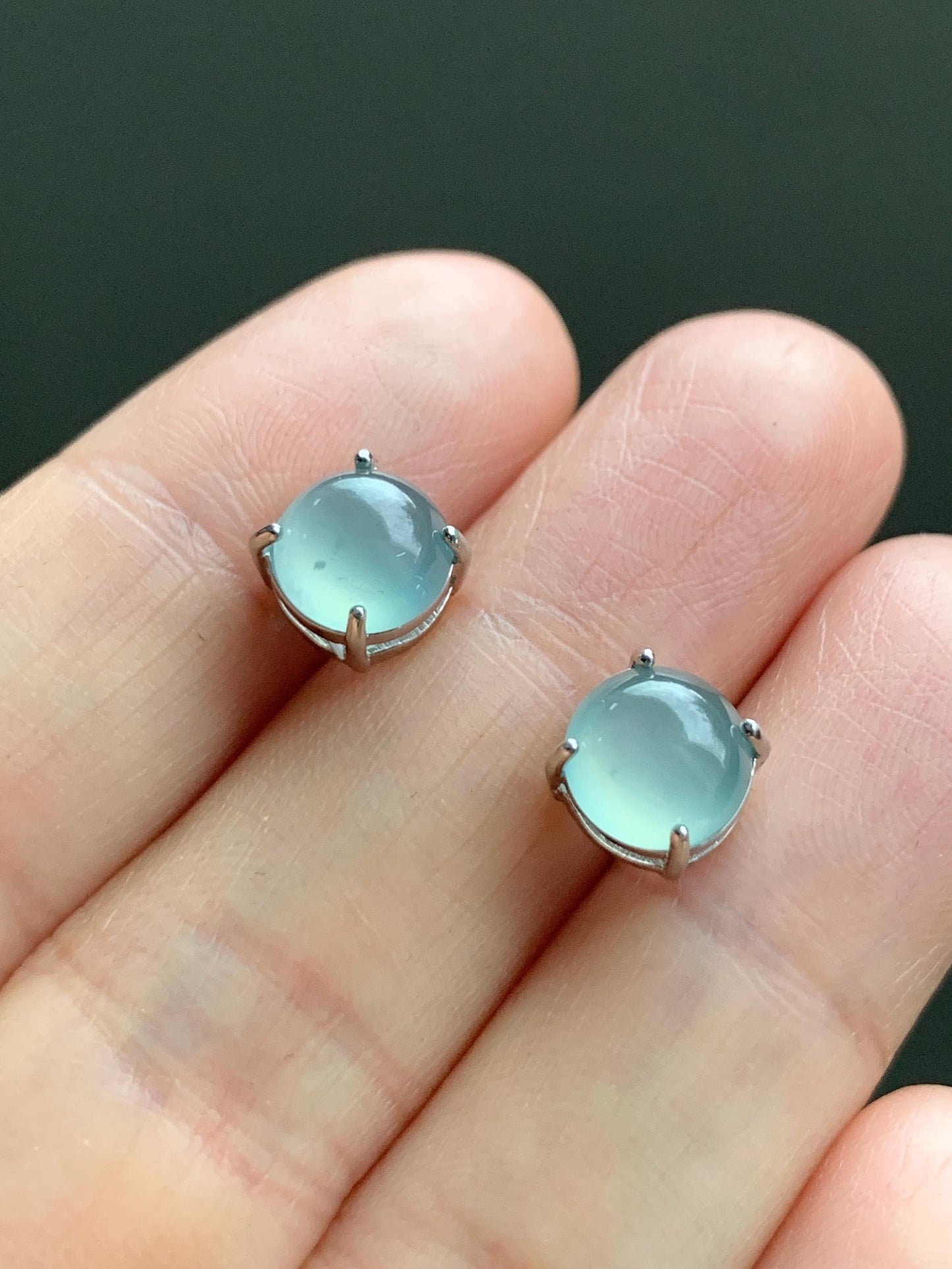 Natural Guatemalan Grade A Icy Highly Translucent Light Teal Blue Jadeite Round Stud Earrings Sterling Silver 天然冰危淡蓝翡翠蛋面银镶耳钉 JDK80