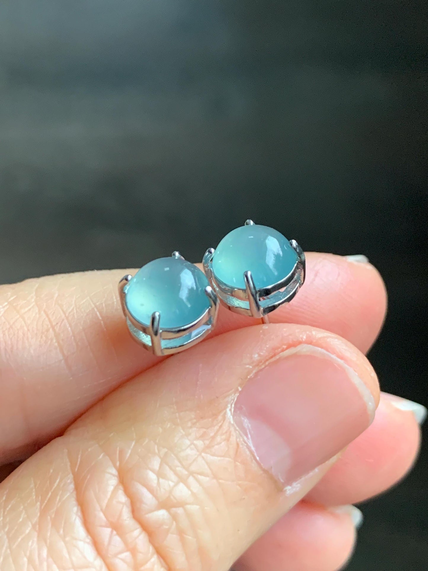 Natural Guatemalan Grade A Icy Highly Translucent Light Teal Blue Jadeite Round Stud Earrings Sterling Silver 天然冰危淡蓝翡翠蛋面银镶耳钉 JDK80
