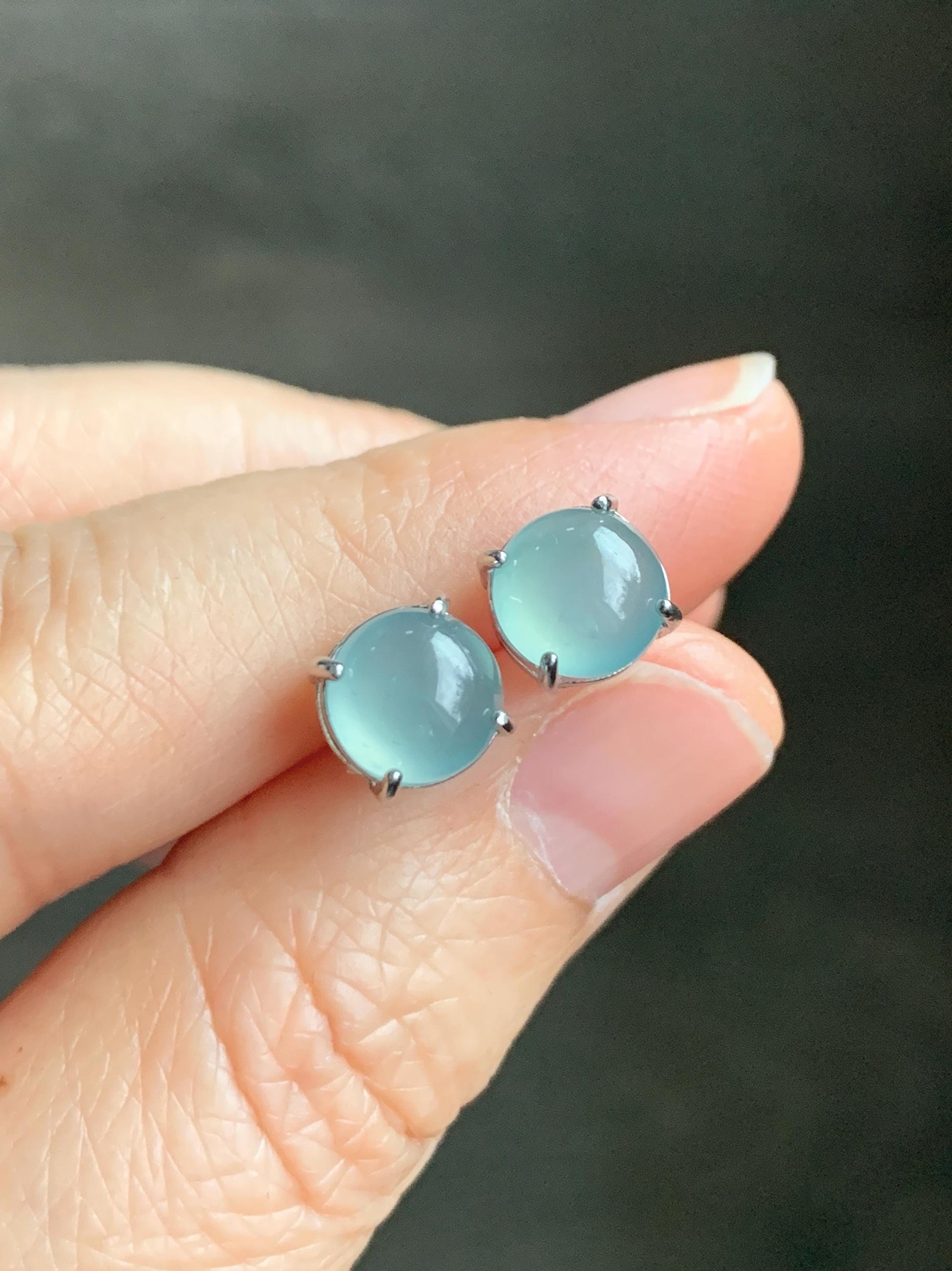 Natural Guatemalan Grade A Icy Highly Translucent Light Teal Blue Jadeite Round Stud Earrings Sterling Silver 天然冰危淡蓝翡翠蛋面银镶耳钉 JDK80