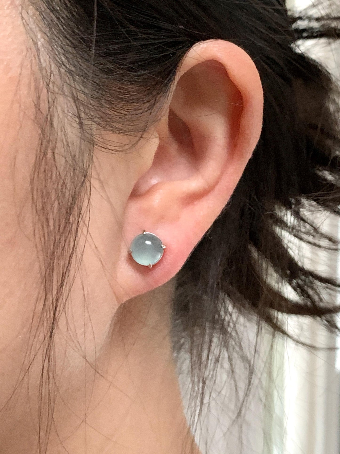 Natural Guatemalan Grade A Icy Highly Translucent Light Teal Blue Jadeite Round Stud Earrings Sterling Silver 天然冰危淡蓝翡翠蛋面银镶耳钉 JDK80