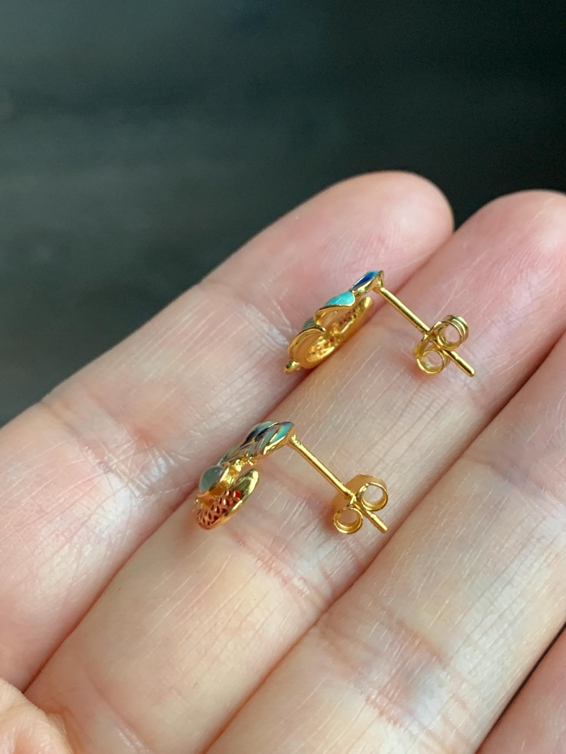 Natural Guatemalan Grade A Icy Highly Translucent Jadeite Koi Fish Stud Earrings Enamel Sterling Silver 天然冰危淡蓝翡翠蛋面锦鲤烤漆银镶耳钉 JLL60