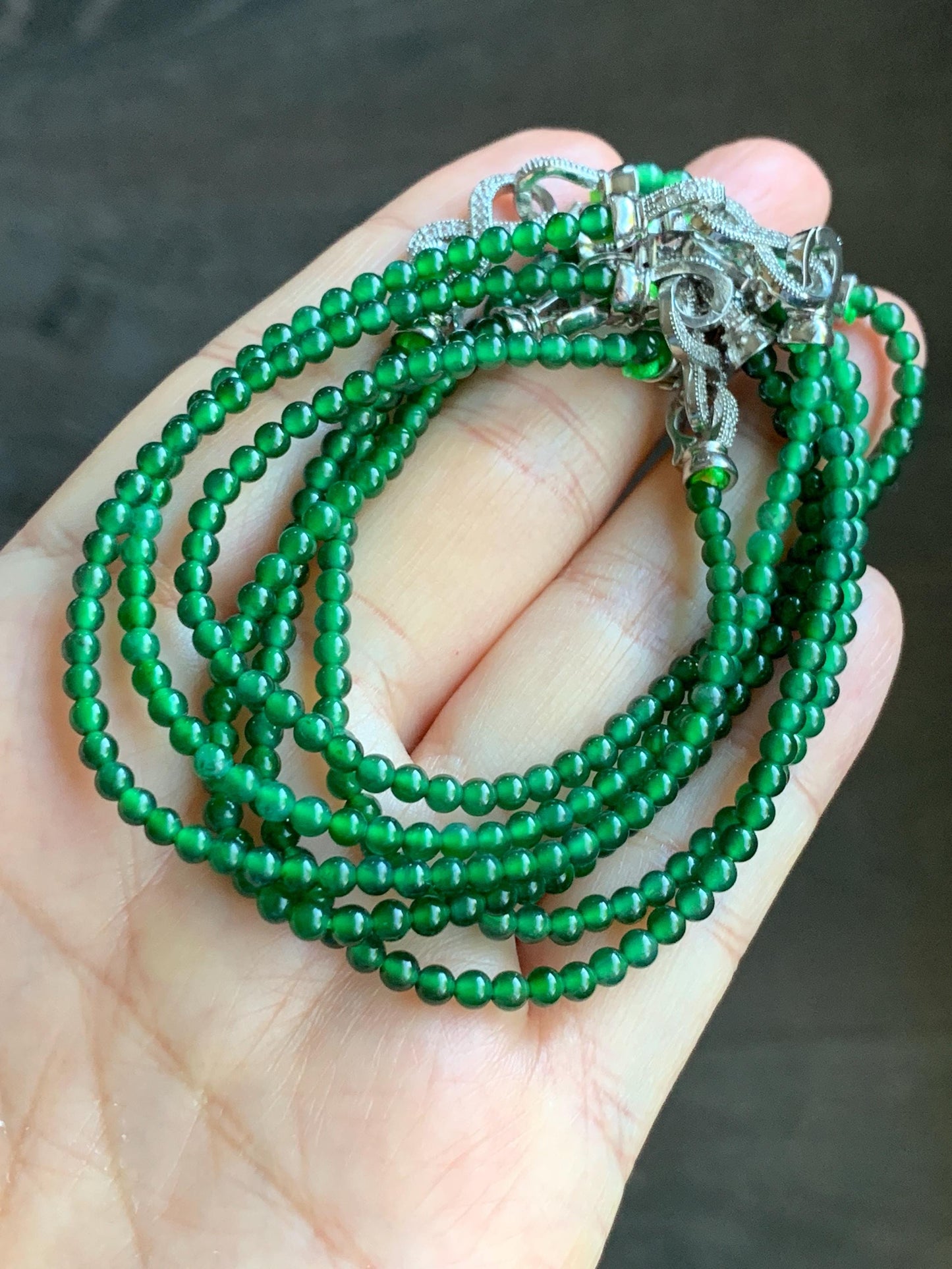 Natural Guatemalan Icy Highly Translucent Vibrant Green Jadeite Petite Round Beads Beaded Bracelet 7” 3mm 4g 天然高冰危绿翡翠小卡圆珠手串 XWL4006