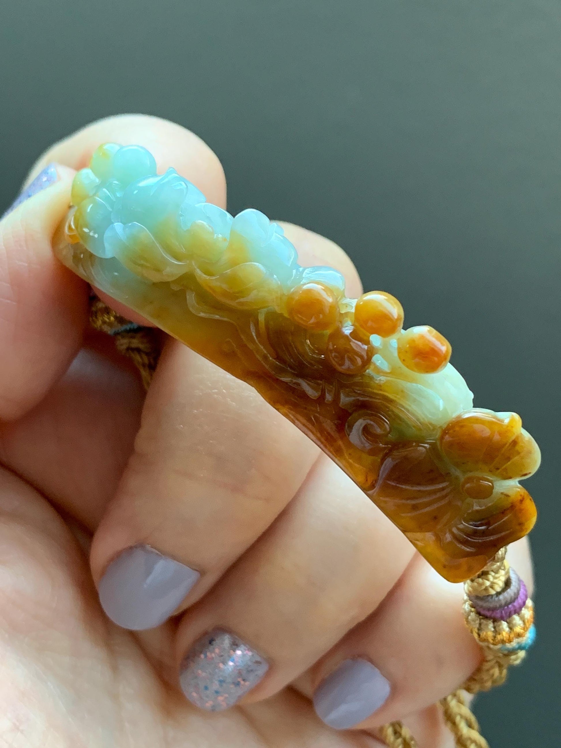 Certified Natural Burmese Icy Translucent Light Green Yellow Bicolored Jadeite Carved Lotus Flower Cuff Rope Bracelet 天然缅甸冰双色翡翠莲花手牌手绳 7839