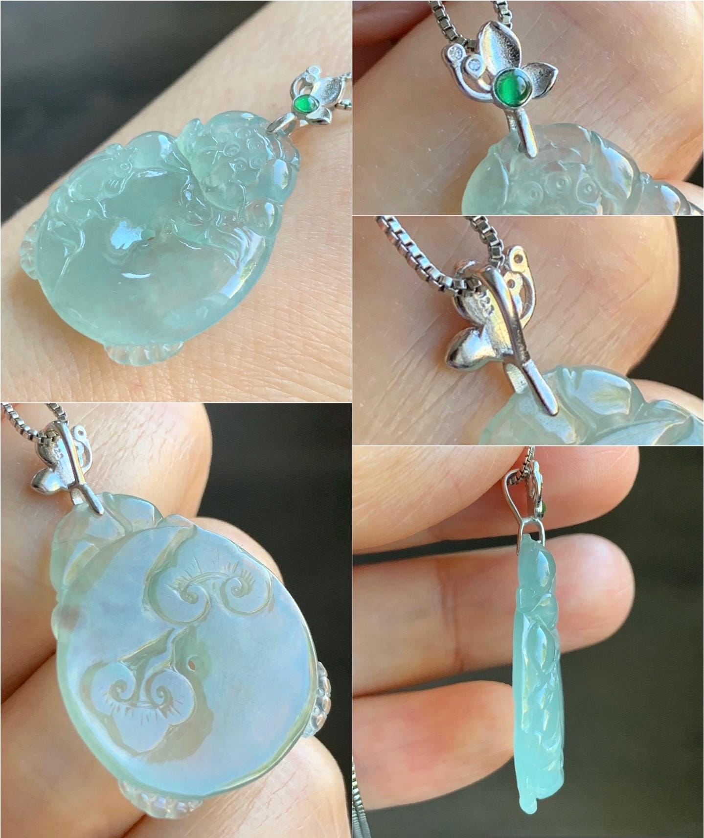 Certified Natural Burmese Premium Icy Light Green Jadeite Lotus Flower Goldfish Ping An Kou Donut Pendant Sterling Silver 天然缅甸冰胶起光晴底翡翠莲花鱼吊坠