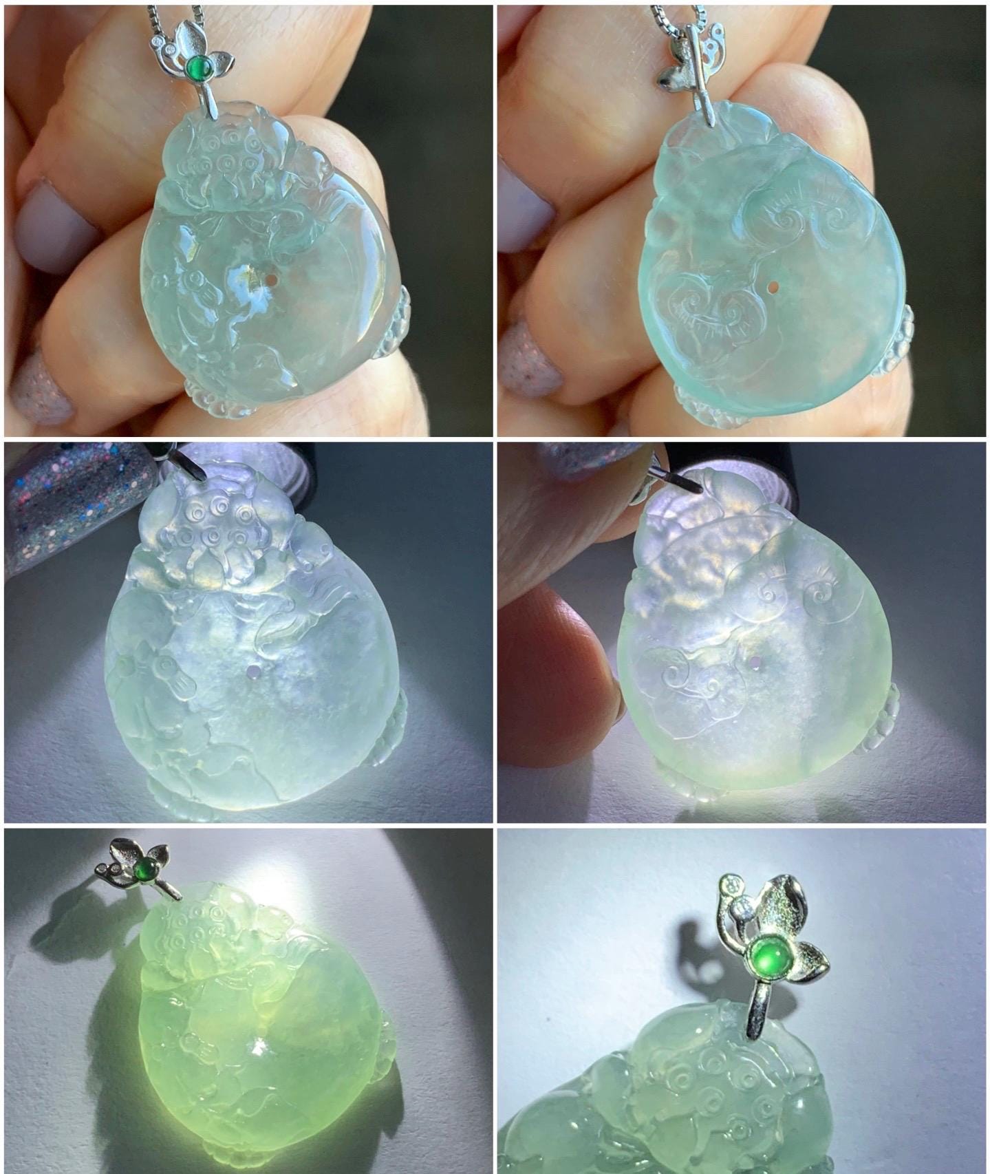 Certified Natural Burmese Premium Icy Light Green Jadeite Lotus Flower Goldfish Ping An Kou Donut Pendant Sterling Silver 天然缅甸冰胶起光晴底翡翠莲花鱼吊坠