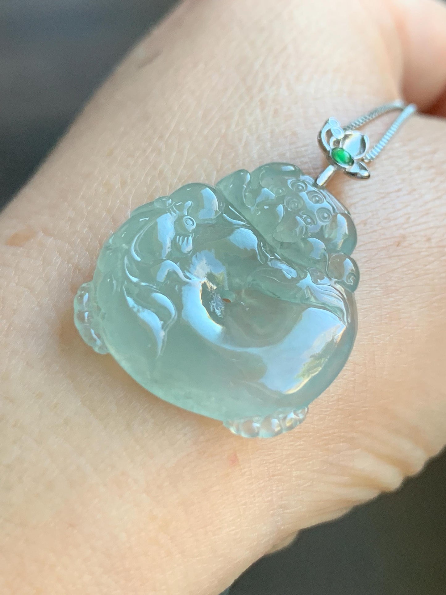 Certified Natural Burmese Premium Icy Light Green Jadeite Lotus Flower Goldfish Ping An Kou Donut Pendant Sterling Silver 天然缅甸冰胶起光晴底翡翠莲花鱼吊坠