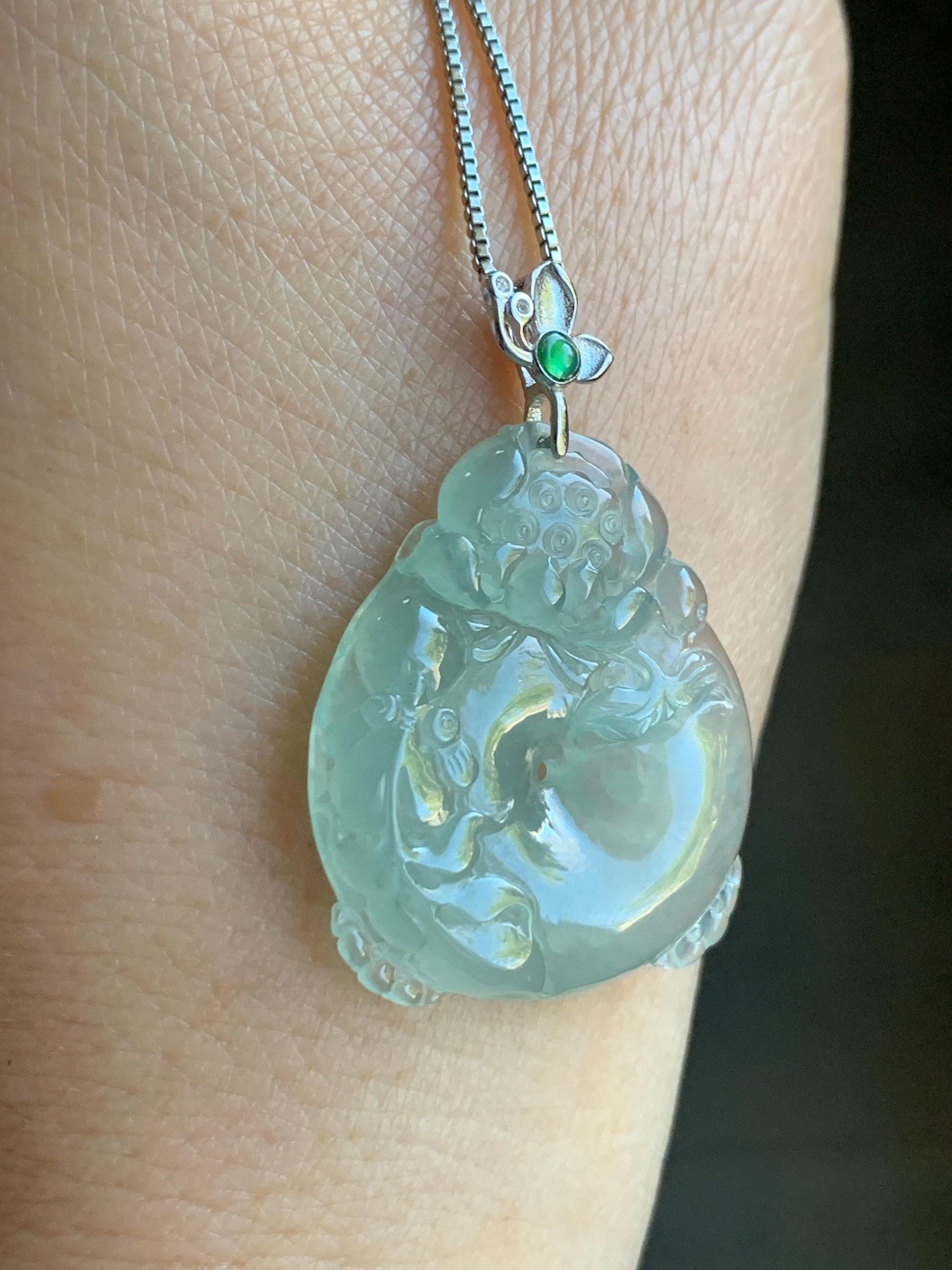 Certified Natural Burmese Premium Icy Light Green Jadeite Lotus Flower Goldfish Ping An Kou Donut Pendant Sterling Silver 天然缅甸冰胶起光晴底翡翠莲花鱼吊坠