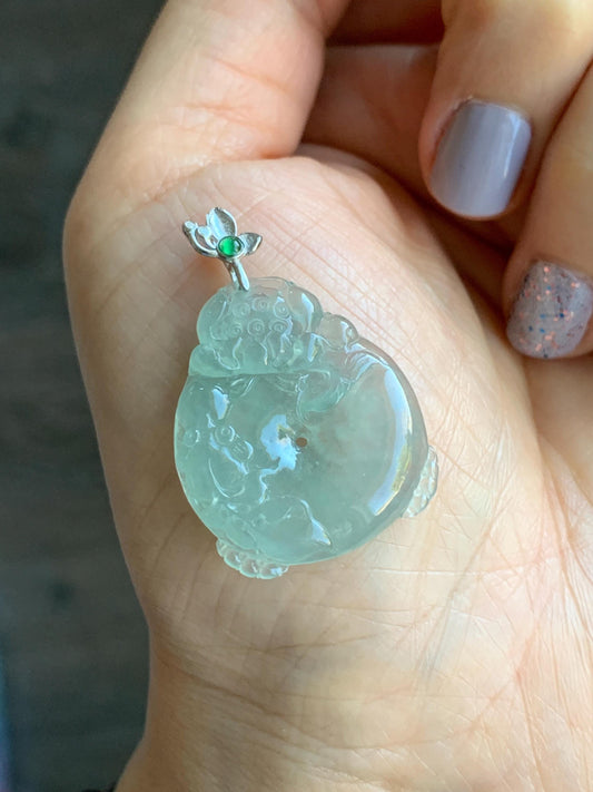Certified Natural Burmese Premium Icy Light Green Jadeite Lotus Flower Goldfish Ping An Kou Donut Pendant Sterling Silver 天然缅甸冰胶起光晴底翡翠莲花鱼吊坠