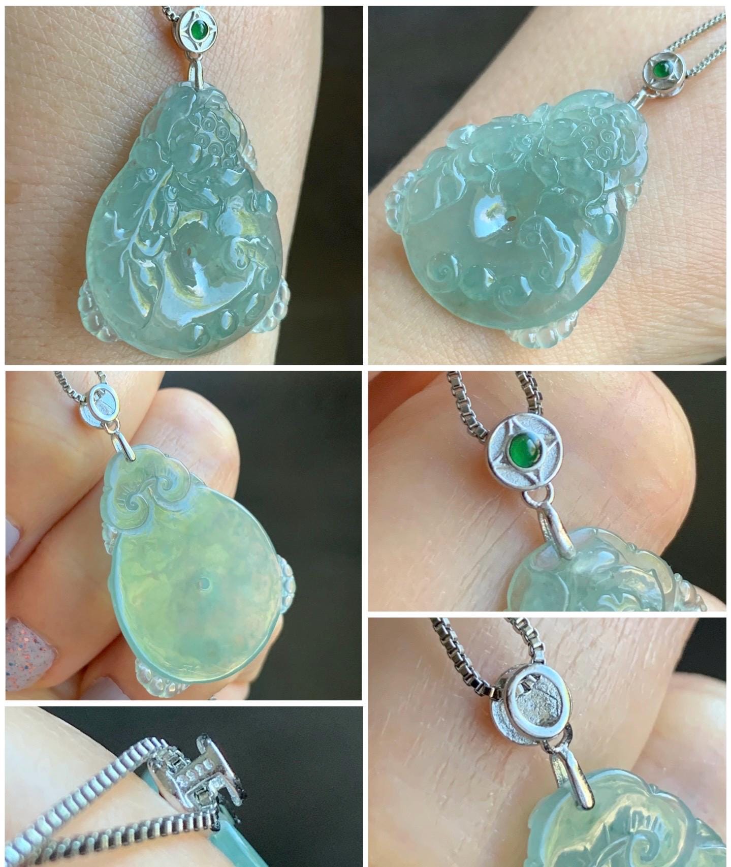 Certified Natural Burmese Premium Icy Light Green Jadeite Lotus Flower Goldfish Ping An Kou Donut Pendant Sterling Silver 天然缅甸冰胶起光晴底翡翠莲花鱼吊坠