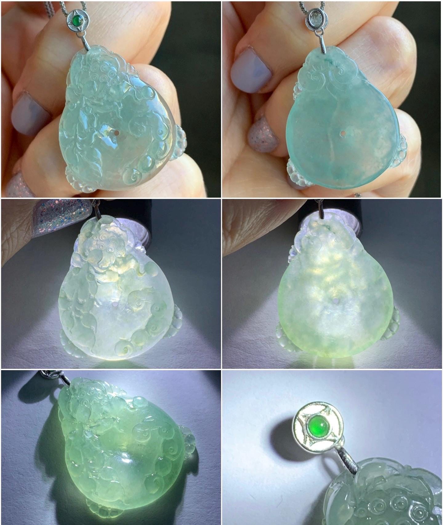 Certified Natural Burmese Premium Icy Light Green Jadeite Lotus Flower Goldfish Ping An Kou Donut Pendant Sterling Silver 天然缅甸冰胶起光晴底翡翠莲花鱼吊坠