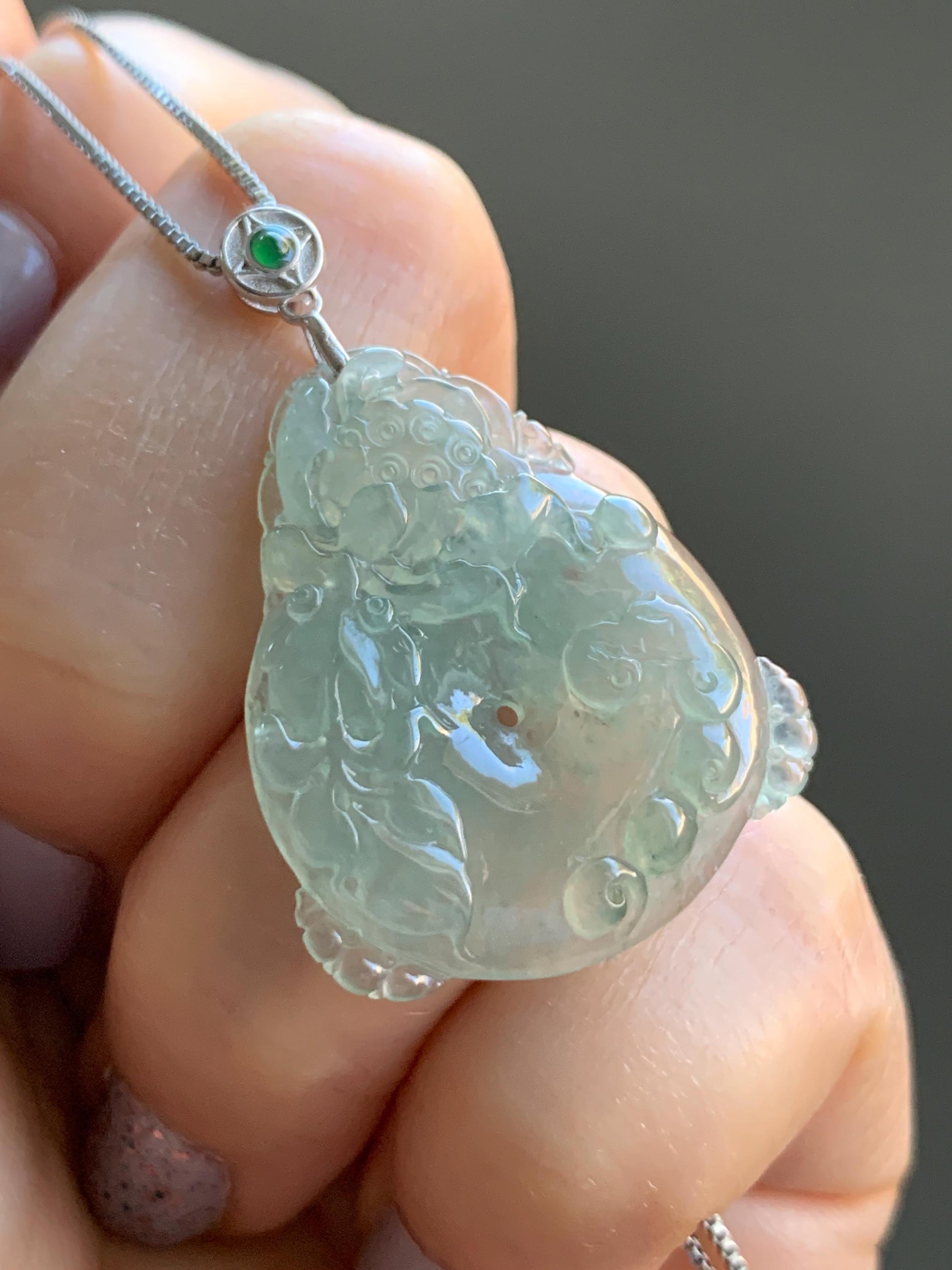 Certified Natural Burmese Premium Icy Light Green Jadeite Lotus Flower Goldfish Ping An Kou Donut Pendant Sterling Silver 天然缅甸冰胶起光晴底翡翠莲花鱼吊坠