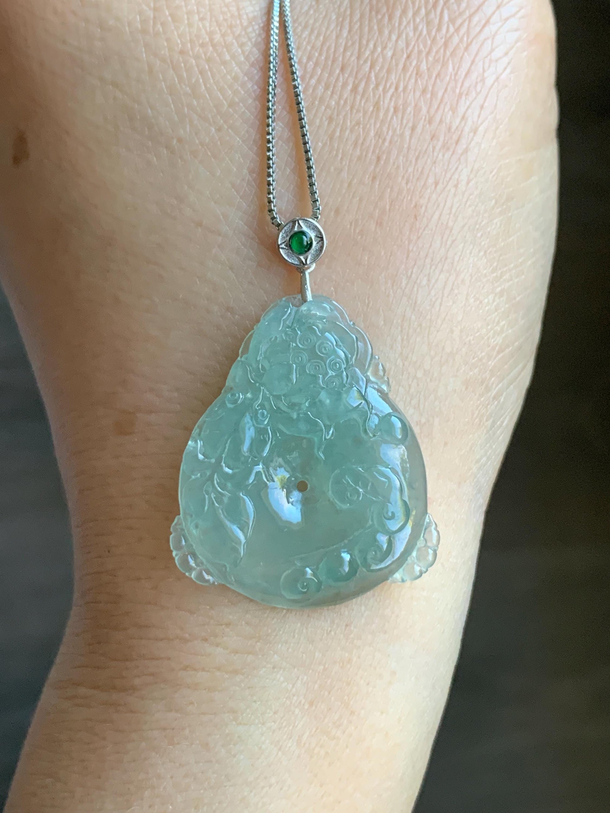 Certified Natural Burmese Premium Icy Light Green Jadeite Lotus Flower Goldfish Ping An Kou Donut Pendant Sterling Silver 天然缅甸冰胶起光晴底翡翠莲花鱼吊坠
