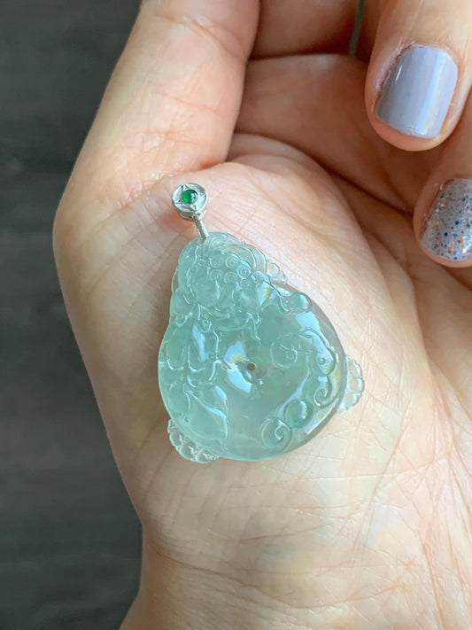 Certified Natural Burmese Premium Icy Light Green Jadeite Lotus Flower Goldfish Ping An Kou Donut Pendant Sterling Silver 天然缅甸冰胶起光晴底翡翠莲花鱼吊坠