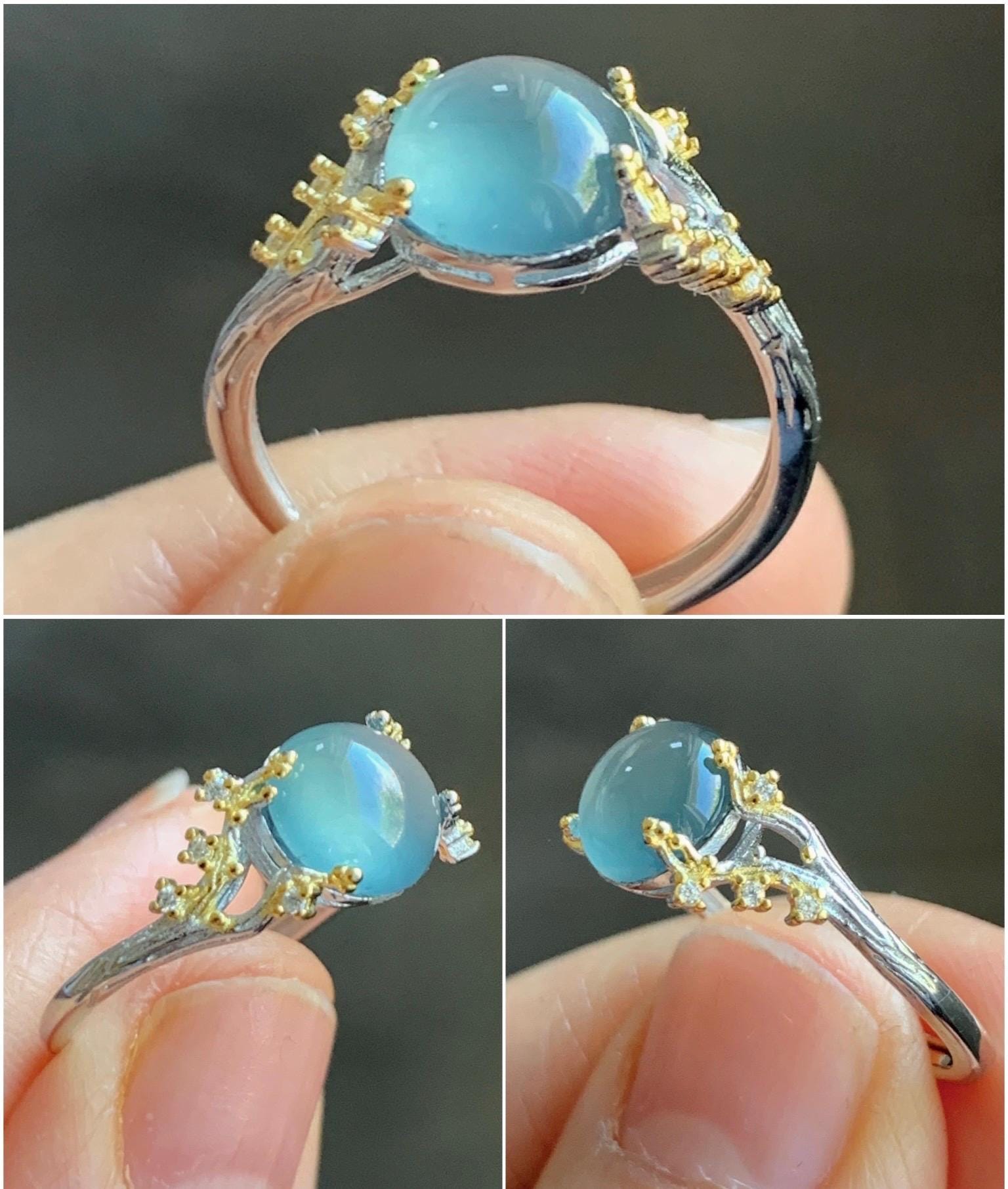 Natural Guatemalan Icy Highly Translucent Light Teal Blue Jadeite Tree Branch Design Ring Sterling Silver Adjustable 天然冰危蓝起光翡翠树枝银镶戒指 MHYA