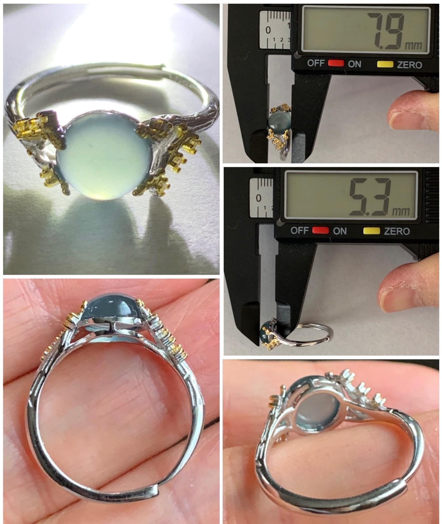 Natural Guatemalan Icy Highly Translucent Light Teal Blue Jadeite Tree Branch Design Ring Sterling Silver Adjustable 天然冰危蓝起光翡翠树枝银镶戒指 MHYA