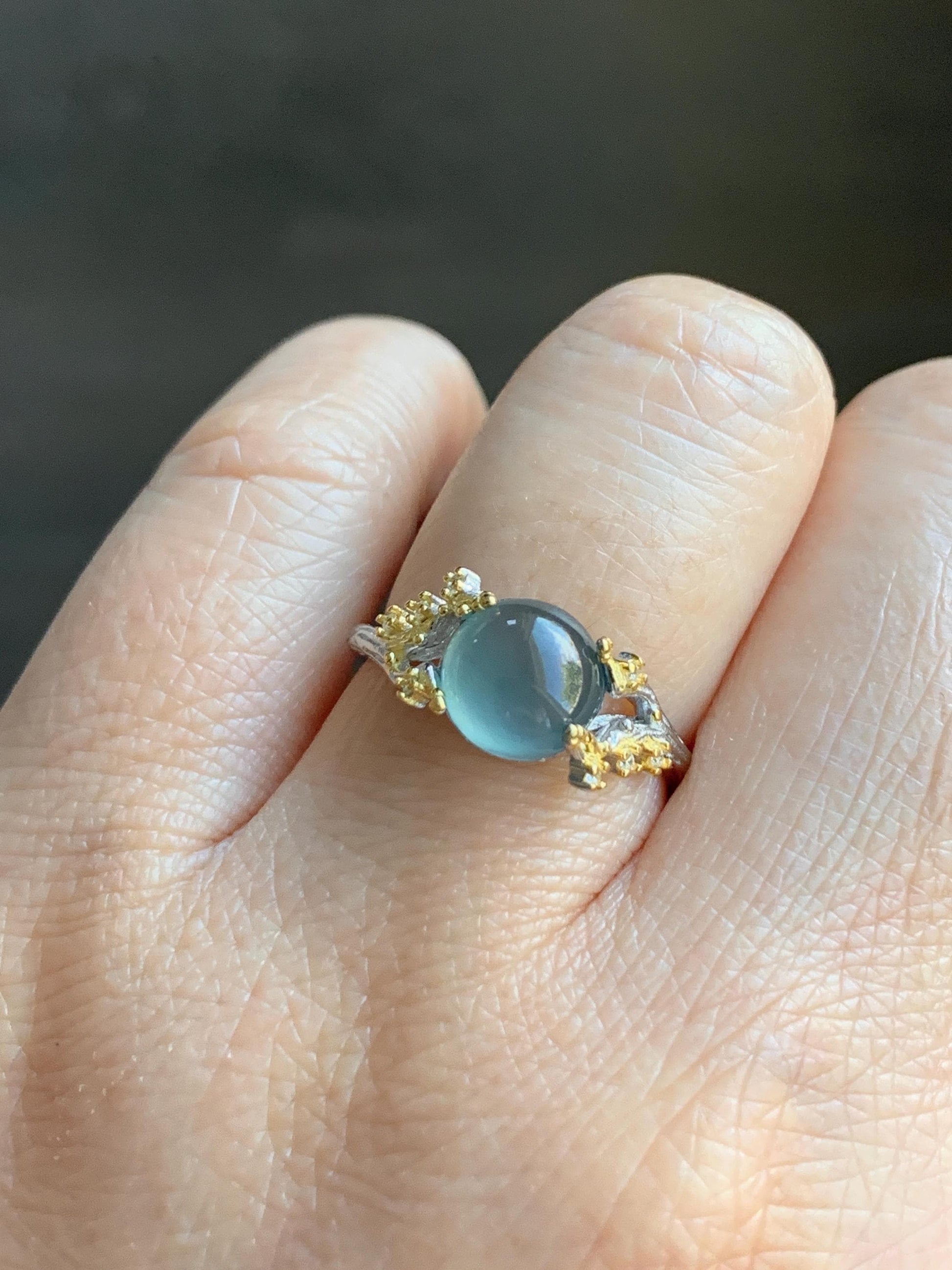 Natural Guatemalan Icy Highly Translucent Light Teal Blue Jadeite Tree Branch Design Ring Sterling Silver Adjustable 天然冰危蓝起光翡翠树枝银镶戒指 MHYA