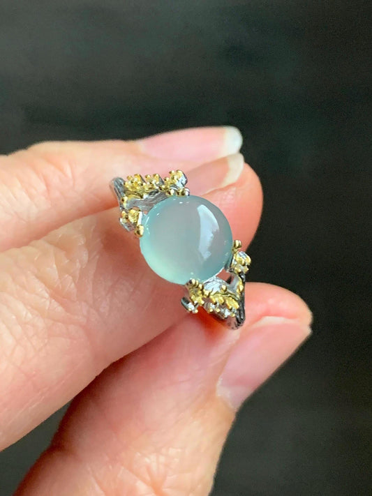 Natural Guatemalan Icy Highly Translucent Pale Blue Jadeite Tree Branch Design Ring Sterling Silver Adjustable 天然冰危淡蓝起光翡翠树枝银镶戒指 MHYB