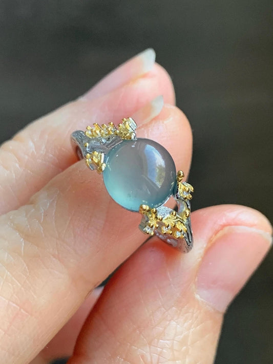 Natural Guatemalan Icy Highly Translucent Light Teal Blue Jadeite Tree Branch Design Ring Sterling Silver Adjustable 天然冰危蓝起光翡翠树枝银镶戒指 MHYA