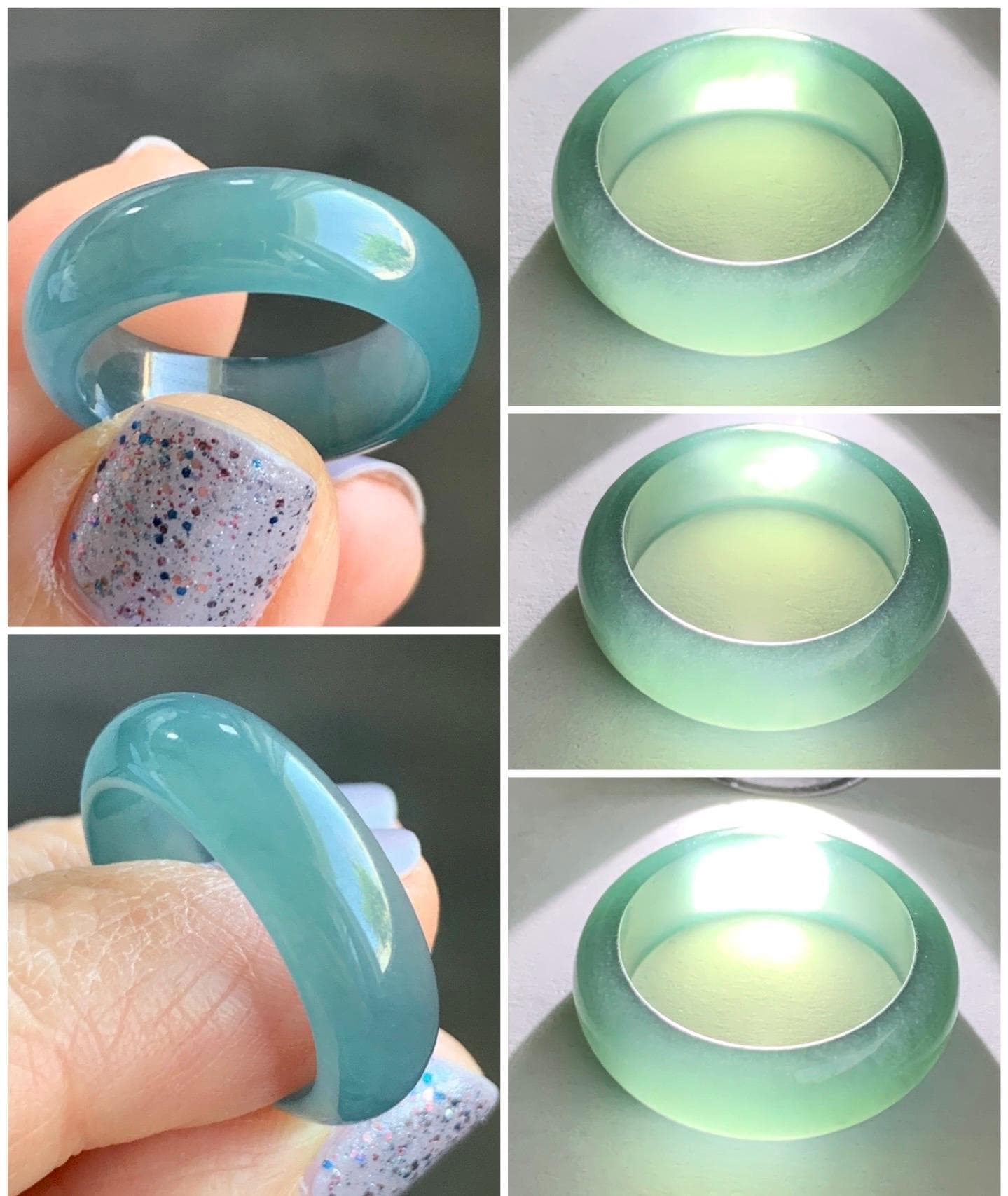 Natural Guatemalan Icy Translucent Gelatinous Dark Teal Blue Jadeite Wide Band Ring Size 7.75 US 天然冰危深蓝翡翠戒圈 SLB-B