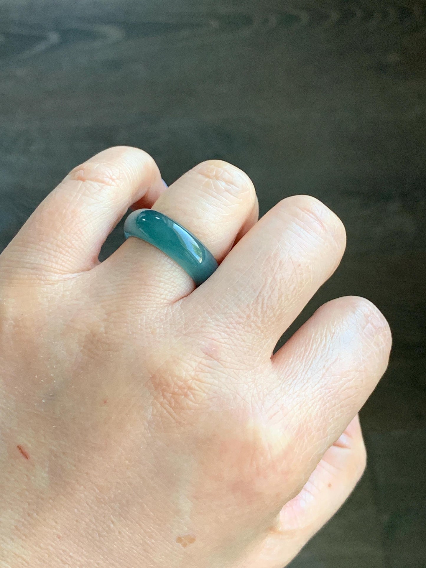 Natural Guatemalan Icy Translucent Gelatinous Dark Teal Blue Jadeite Wide Band Ring Size 7.75 US 天然冰危深蓝翡翠戒圈 SLB-B