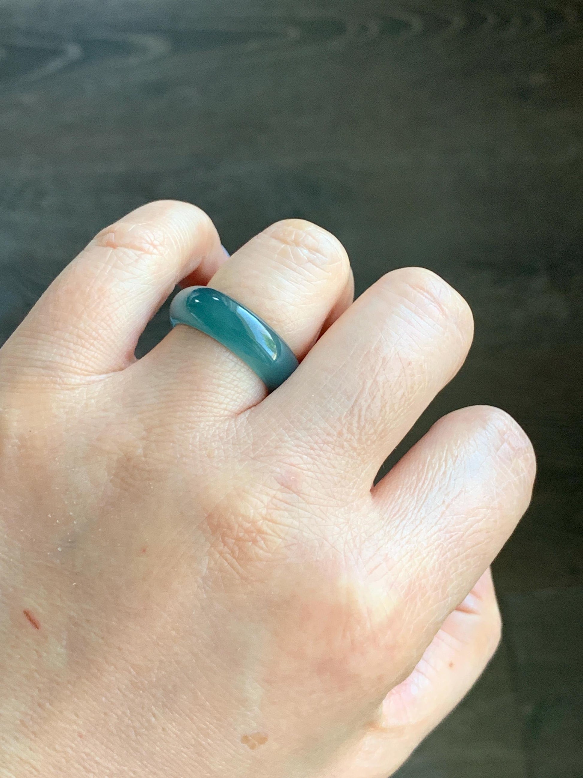Natural Guatemalan Icy Translucent Gelatinous Dark Teal Blue Jadeite Wide Band Ring Size 7.75 US 天然冰危深蓝翡翠戒圈 SLB-B