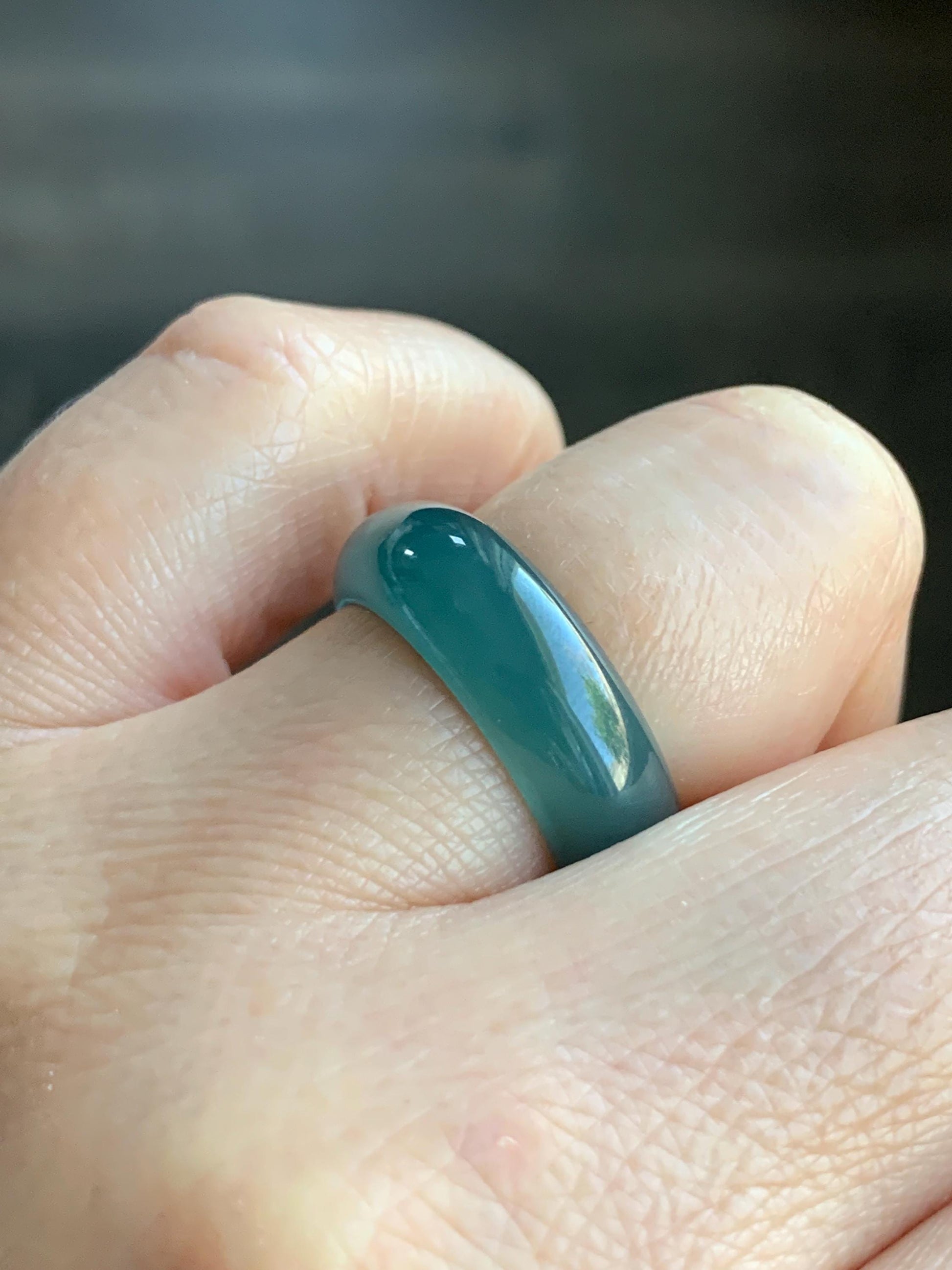 Natural Guatemalan Icy Translucent Gelatinous Dark Teal Blue Jadeite Wide Band Ring Size 7.75 US 天然冰危深蓝翡翠戒圈 SLB-B