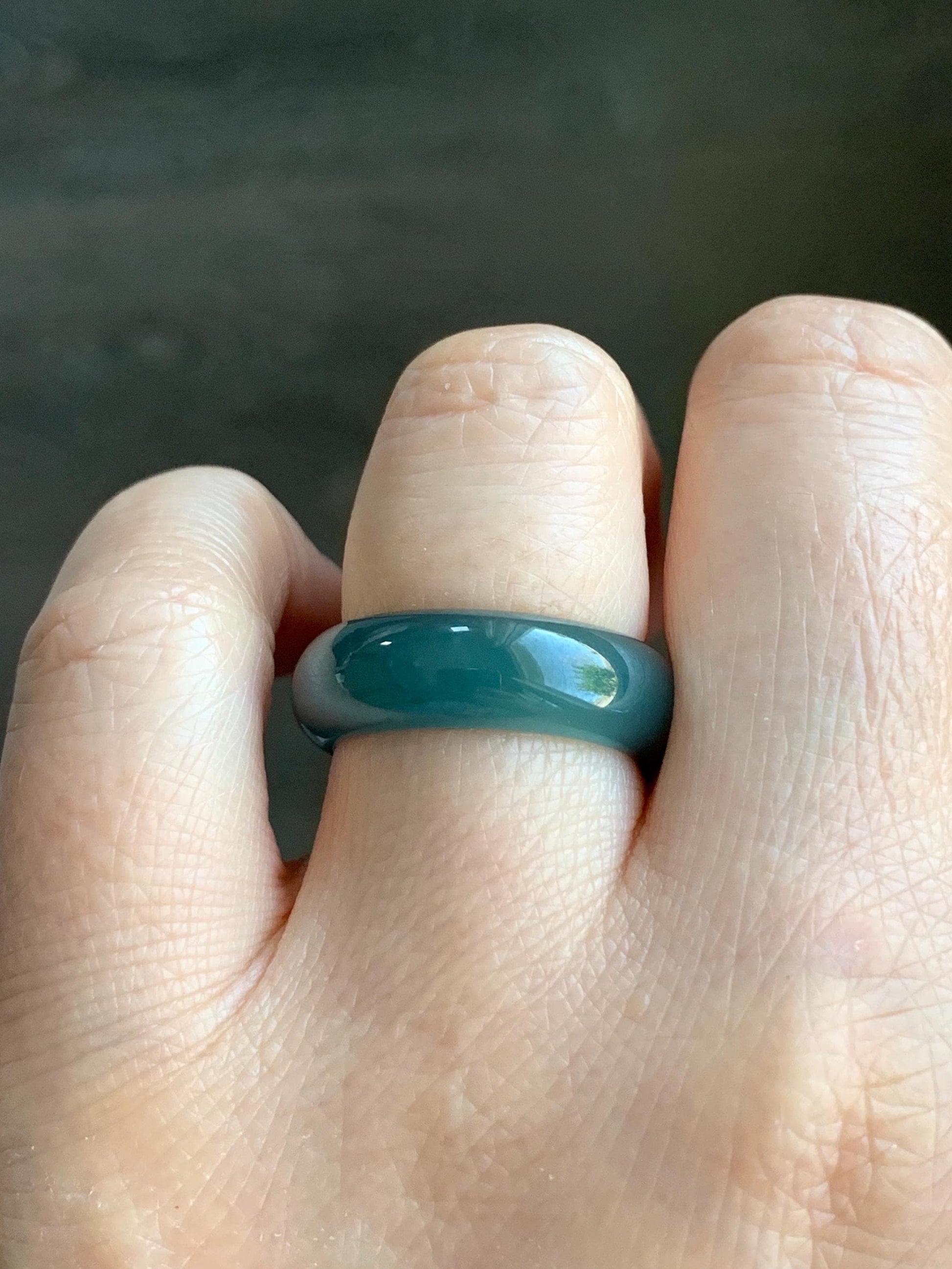 Natural Guatemalan Icy Translucent Gelatinous Dark Teal Blue Jadeite Wide Band Ring Size 7.75 US 天然冰危深蓝翡翠戒圈 SLB-B