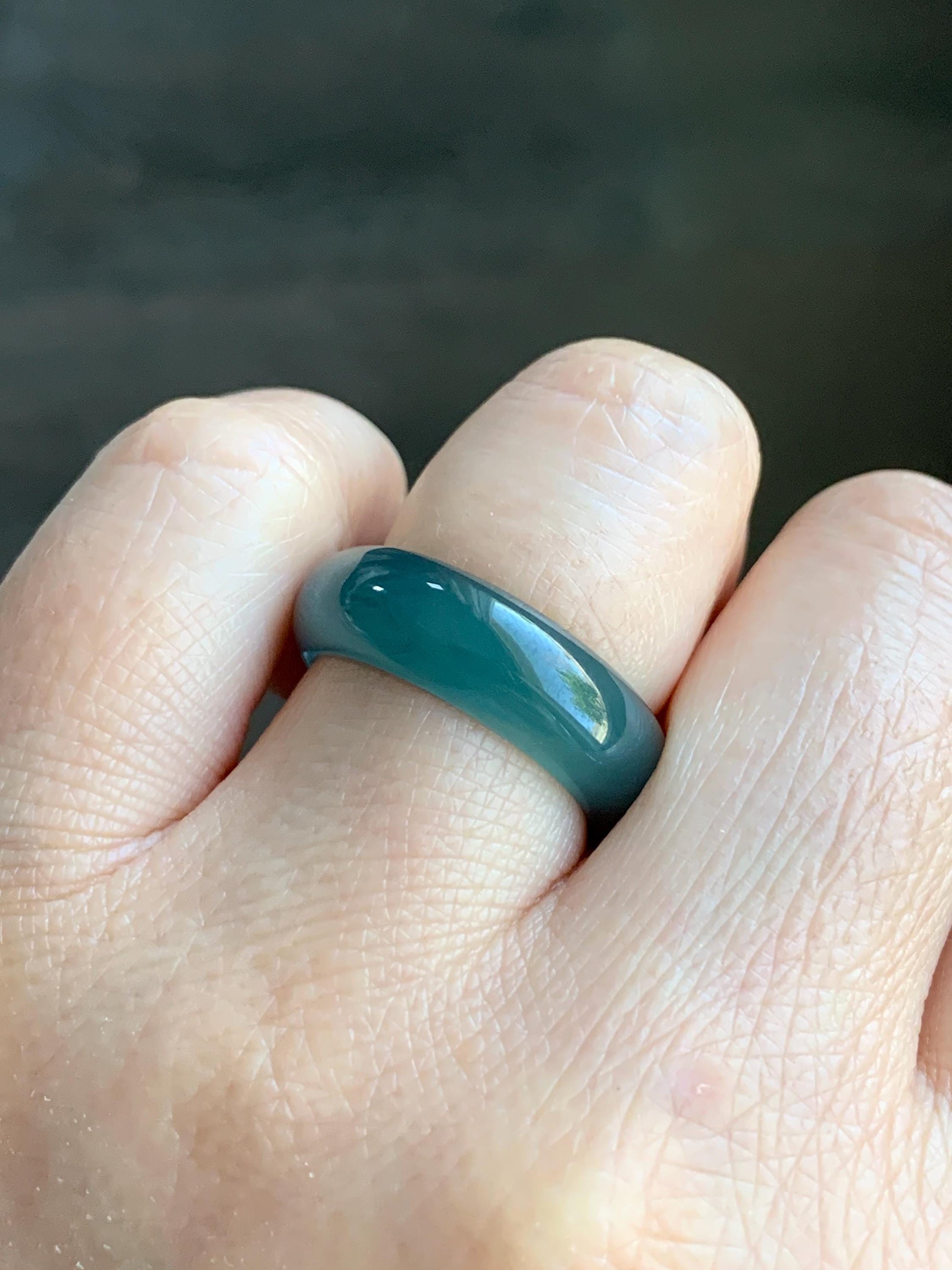 Natural Guatemalan Icy Translucent Gelatinous Dark Teal Blue Jadeite Wide Band Ring Size 7.75 US 天然冰危深蓝翡翠戒圈 SLB-B